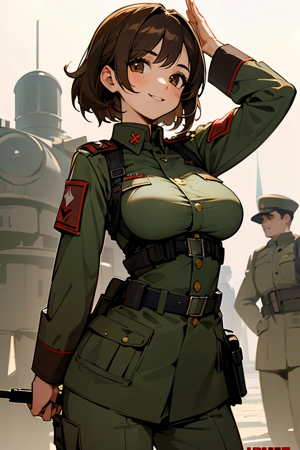 Girl, short brown hair, brown eyes, big breasts, Turkish girl, army clothes, crazy, smile 