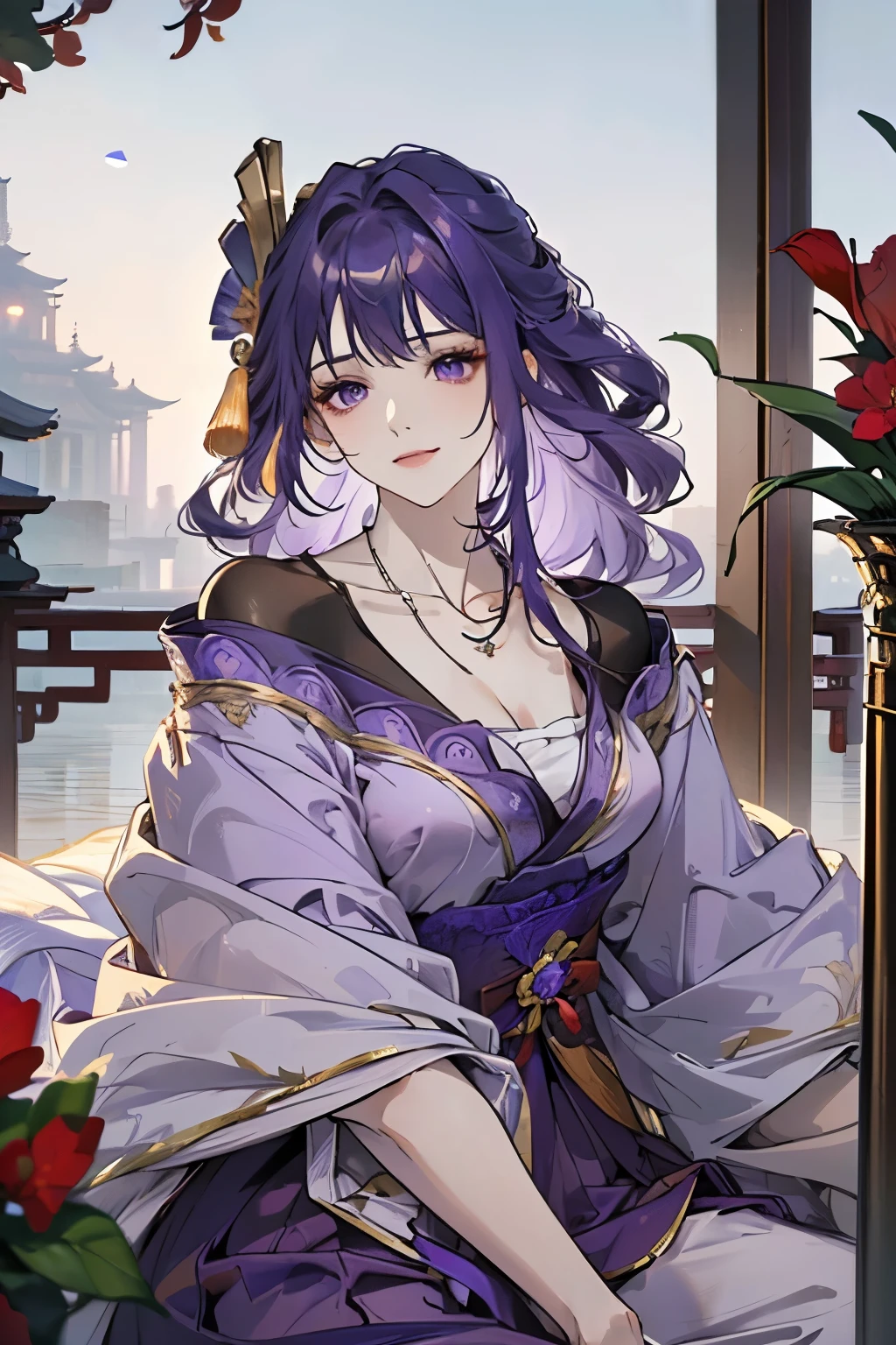 Best quality at best, Ultra-high resolution, (((1 girl))), (Long purple hair), (violet eyes), (Chinese clothes), (((Red Flowers necklace around her neck))), (Ultra Long Skirt), Sad, Hanfu, Yarn, Flowing light yarn, jewelry, (focal), (((Colorful))), particle fx , tmasterpiece, Best quality at best, beautiful painted, meticuloso, highly detailed, (tmasterpiece, Best quality at best) CG unified 8K wallpaper,((sitting in a Chinese mansion)), tmasterpiece,Best quality,ultra - detailed), Super HD picture quality