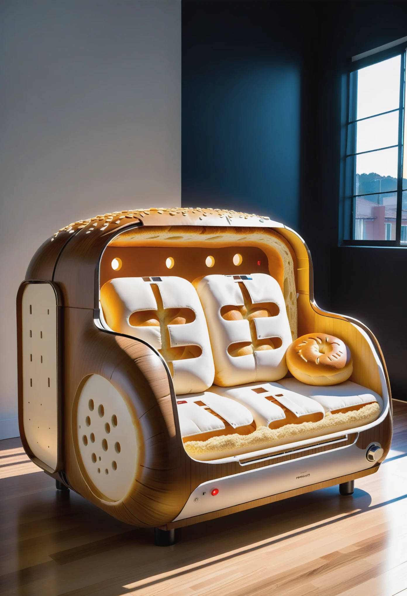 A sofa shaped like a bread machine