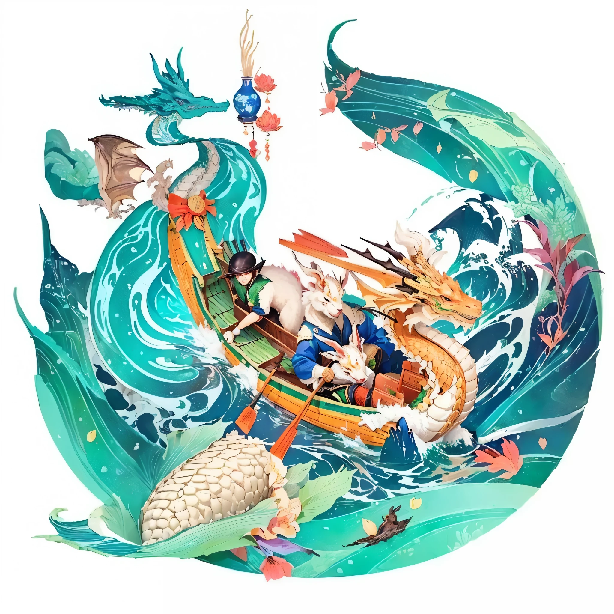 (((dragon boat rowing)))，Lots of rabbits on board，green water splash，Sachet，Illustrations of dragons and other animals, A beautiful artistic illustration, Color illustrations, Victor May and Tristan Eaton, Inspired by Nevercrew, Victor My Style, Full color illustrations, Inspired by Victor I, James Jean and Victor May， Chuanghui Illustrations，Zongzi is in the lower left corner，High resolution，Exquisite，two rice dumplings，Rabbit sitting in a boat，holding a paddle