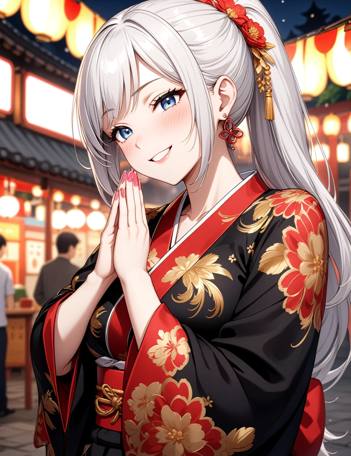 ((one personの女性)), Beautiful Face,Laugh shyly,((Wink:1.9)),Laughing with your mouth open,turn bright red,Glossy pink lips,night,Shrine festival stalls,((Anime style background)),masterpiece, highest quality, so beautiful, up to date, Complex details, (Pink long nails),AI-generated, Complex,High resolution, highest quality, super high quality,3D Images、View your audience、3D Images,one person,Long white hair,High Ponytail,blue eyes,Anime woman posing for a photo, [[Fine grain、Colorful eyes、Shining Eyes:1.15]],(Squint your eyes:1.1),a hyperRealistic , hyperRealistic , Realistic,Long haired white haired anime woman, Smooth anime CG art, A woman in a colorful kimono with gold embroidery, (Black kimono),Red floral pattern,Long flower hair ornament,Big earrings,(Big Breasts:1.1),Mature Body,tall,Big Ass,Fine details,Tight waist,Abdominal muscles,(Face close-up:1.5),Tilt your face,Shooting from an angle,Praying with hands together,