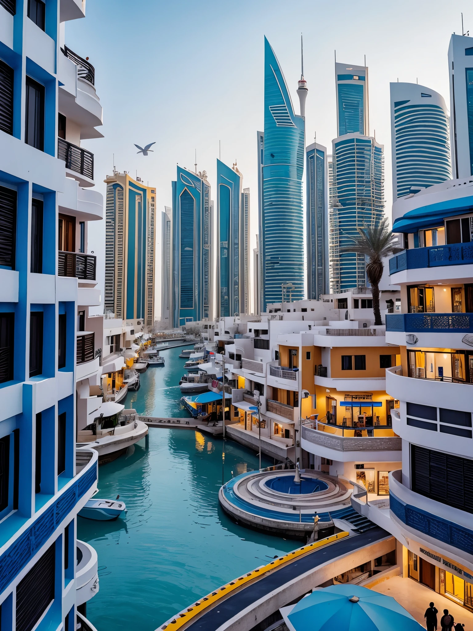 Future Cities in the Kingdom of Bahrain, Manama, There are snowflakes in winter, Bright colors, white and blue, cold, 4k, Practical,Beautiful and stunning artwork,Overlooking,Bird's eye view