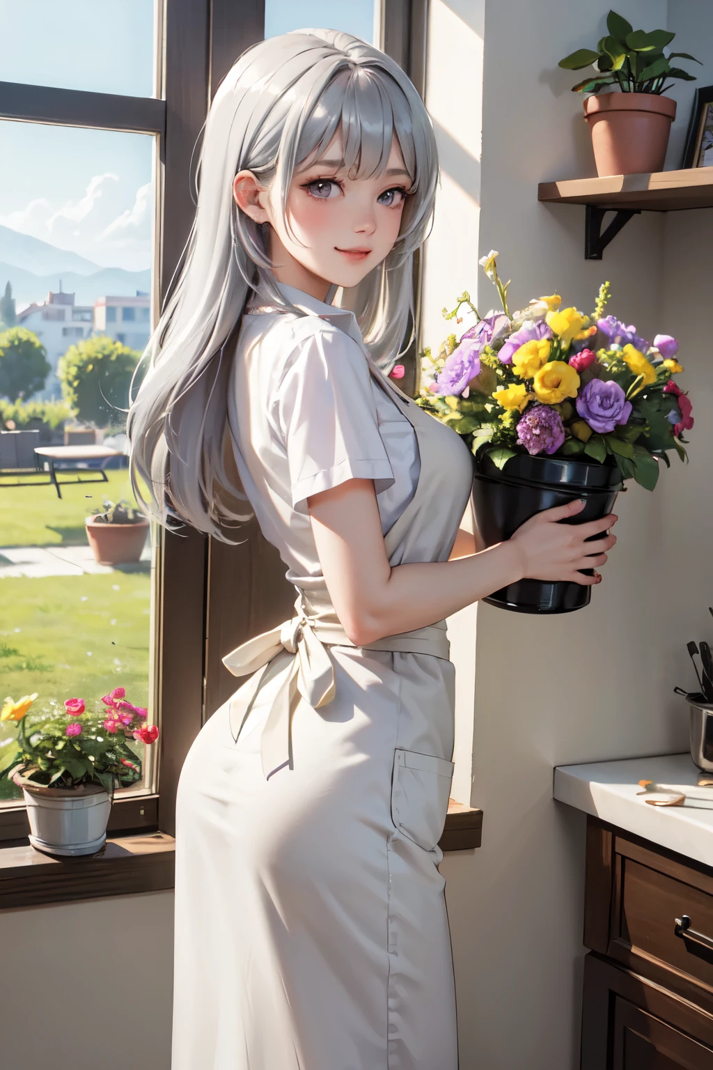 top quality,super high quality,4K,((masterpiece)),((best quality)),1 female alone, /(stylish clothes)/ apron, female, /(bright silver hair)/ bangs, blushing gentle smile,(eyes shining with excitement), facing forward, big buttocks protruding,(masterpiece top quality:) 1.2)Delicate illustration super detailed, big breastsBREAK(holding a small flowerpot)BREAK(fashionable grocery store:1.1)indoors,/(many bright flowers)/
