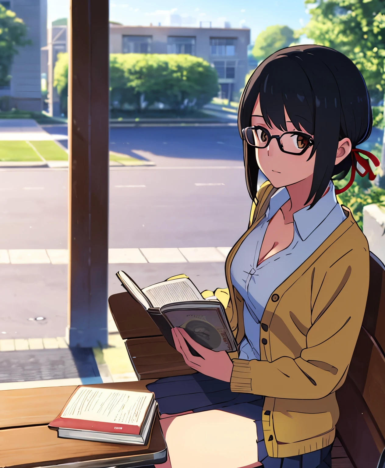 1girl, black hair, brown eyes, eyeglasses, short hair, har band, hair ribbon, yellow cardigan, cleavage, white dress skirt, perfect anatomy, cowboyshot, sit on bench chair, reading a book, outdoors, school university, sky, school building, solo, solo focus, pov, looking at the viewer,