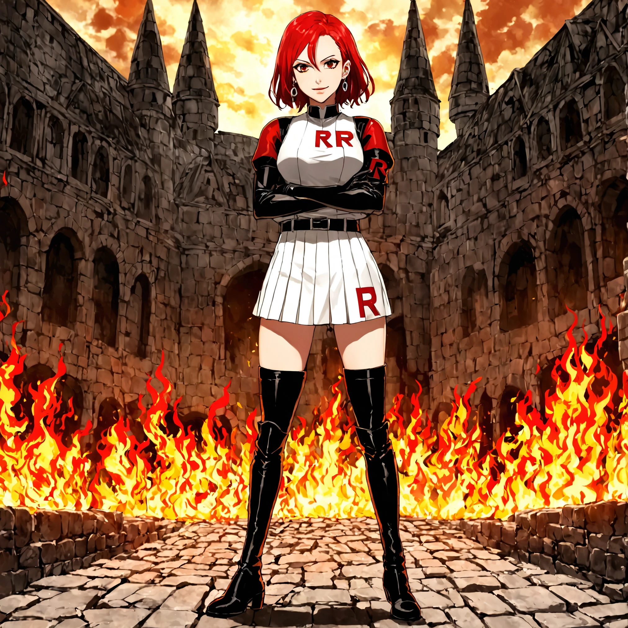 (((1 girl))) short hair, earings ,glossy lips ,team rocket uniform, red letter R, white skirt, white crop top, black thigh-high boots, black elbow gloves, evil smile, looking at viewer, cowboy shot, arms crossed, full body photo Mercedes von Martritz (Fire Emblem: Three Houses)