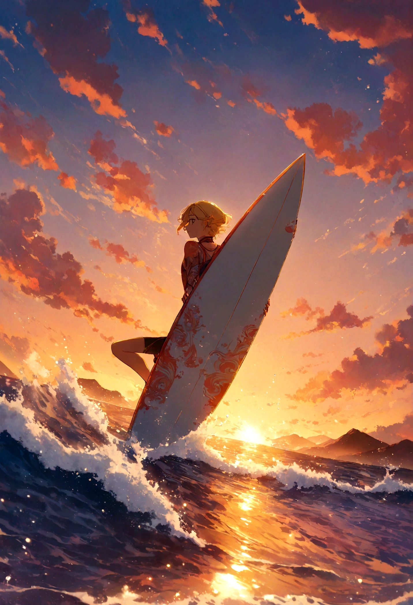 (A man,Medium build),(short,Blonde Hair),(Riding Wiglet:1.1,It's like a surfboard),(through the waves),(behind the sunset).,(best quality:1.2),(Extremely detailed),(Practical:1.37),(landscape),(Bright colors),(Warm and vibrant hues),(Soft, Golden Light),(Sparkling reflections on the water)