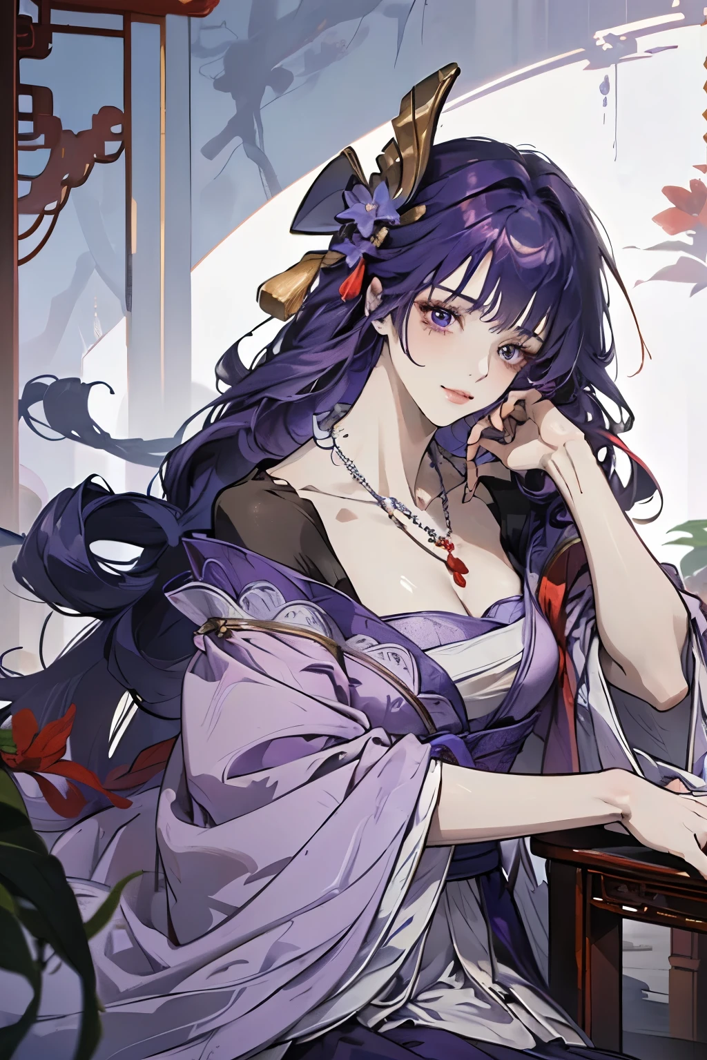 Best quality at best, Ultra-high resolution, (((1 girl))), (Long purple hair), (violet eyes), (Chinese clothes), (((Red Flowers necklace around her neck))), (Ultra Long Skirt), Smile, Hanfu, Yarn, Flowing light yarn, jewelry, (focal), (((Colorful))), particle fx , tmasterpiece, Best quality at best, beautiful painted, meticuloso, highly detailed, (tmasterpiece, Best quality at best) CG unified 8K wallpaper,((sitting in a Chinese mansion)) ,((drinks sake)), tmasterpiece,Best quality,ultra - detailed), Super HD picture quality
