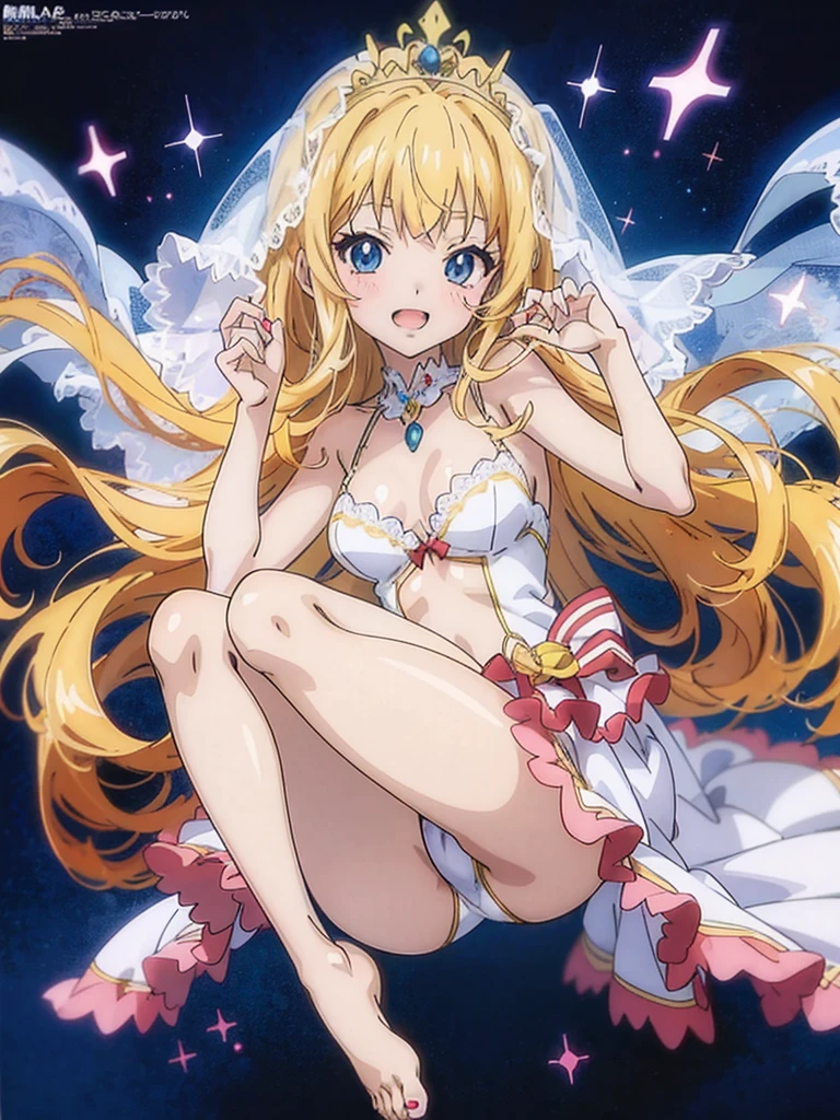 (Anime:1.8), megami magazine, (masterpiece, top quality:1.4), Not Safe for Work, detailed skin, detailed face, 1girl, idol, cute face, , -yoblue eyes, droopy eyes, big eyes:1.5, laughing, red blush, (blonde-yellow hair), long hair, (shiny wavy hair), wedding gown swimsuit, see through sarong, lace legwear, tiara, Bride Veil, cute, babyinkle in the eye, Full body, simple background,