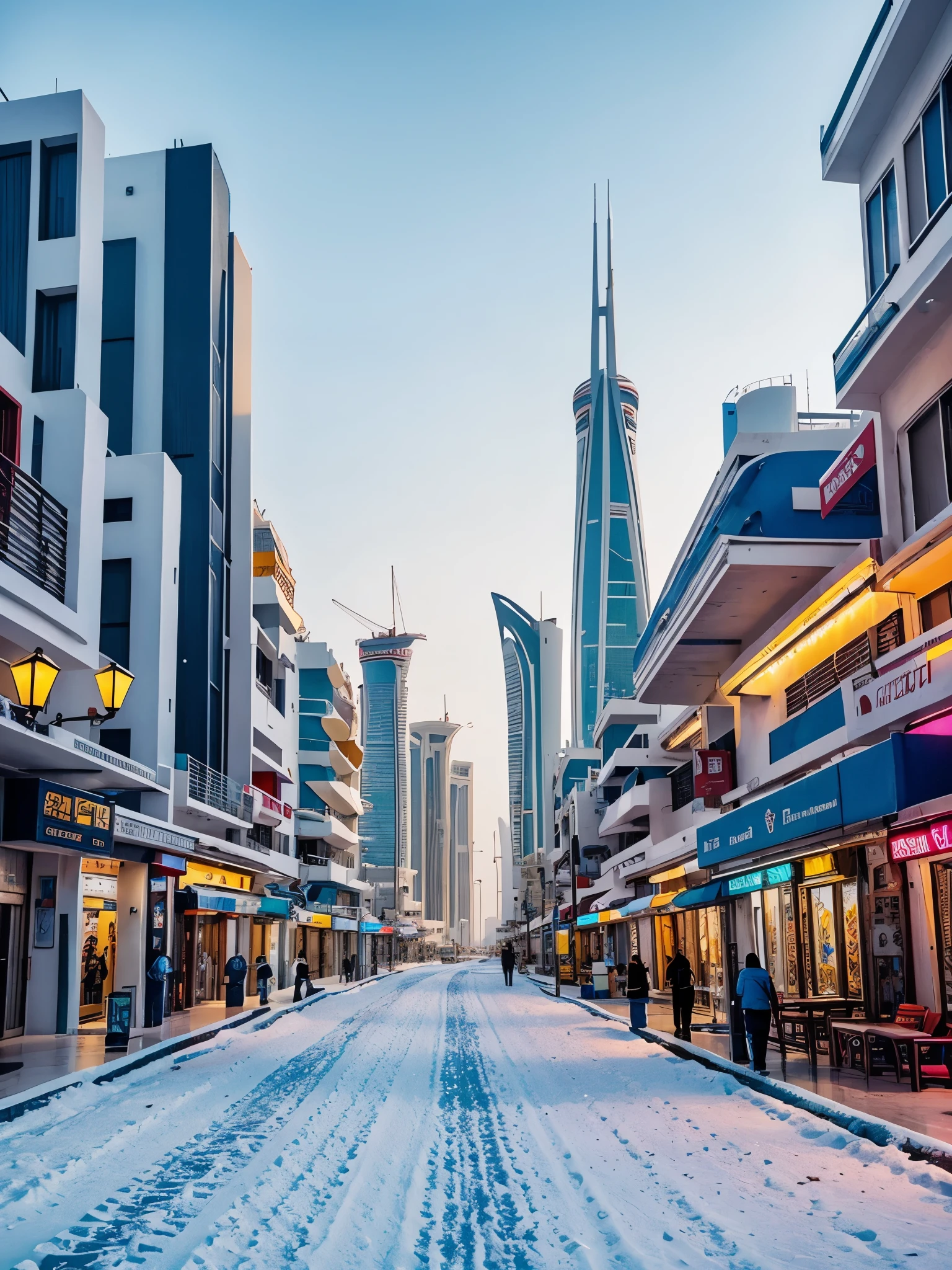 Future Cities in the Kingdom of Bahrain, Manama, There are snowflakes in winter, Bright colors, white and blue, cold, 4k, Practical,Beautiful and stunning artwork,Overlooking，Bird&#39;s eye view