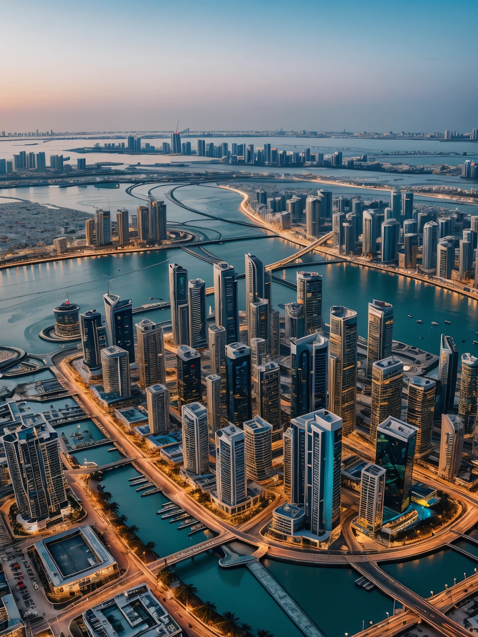 Future Cities in the Kingdom of Bahrain, Manama, There are snowflakes in winter, Bright colors, white and blue, cold, 4k, Practical,Beautiful and stunning artwork,Overlooking,Bird's eye view