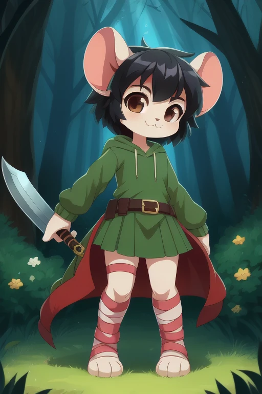 fluffy girl, mouse, black hair, punk hairstyle, anime style, , Brown eyes, ((a green dress, red coat with sweatshirt, Leg bandages, belt)), High quality, detailed body, Detailed eyes, detailed face, masterpiece, бthe forestтящее тело, detailed body fur, Best quality, white fur on the body, Ideal lighting, perfect shadows, Perfect eyes, Perfect hair, perfect face, gorgeous body, :3, holding a sword, whole body, feet with three toes, the forest, 