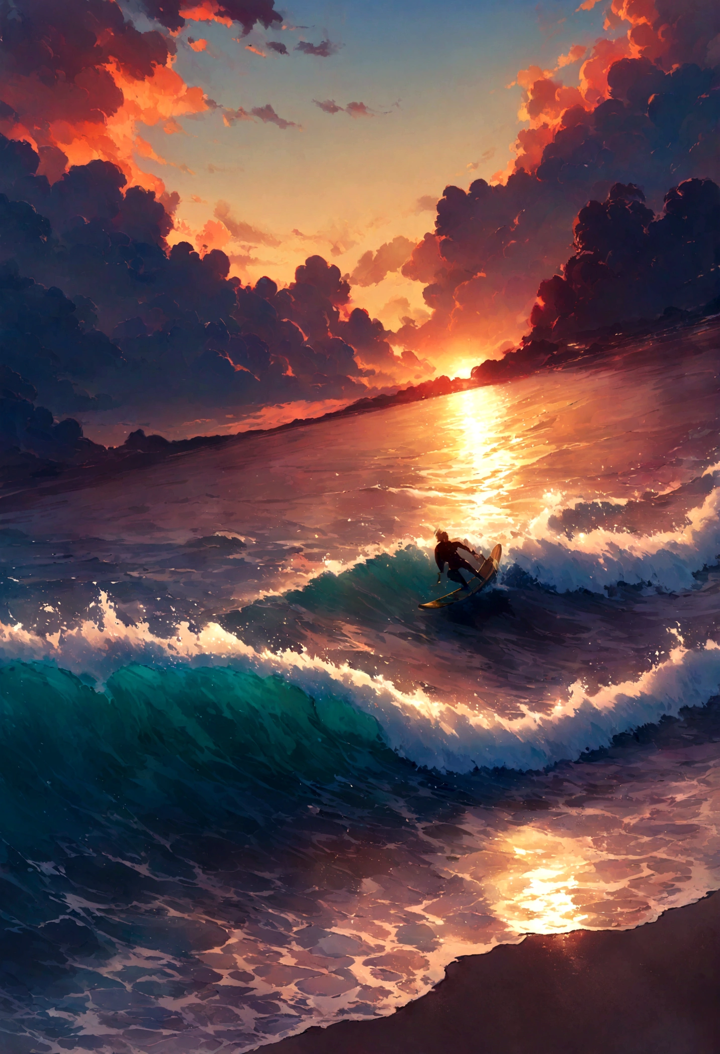 (A man,Medium build),(short,Blonde Hair),(Riding Wiglet:1.1,It's like a surfboard),(through the waves),(behind the sunset).,(best quality:1.2),(Extremely detailed),(Practical:1.37),(landscape),(Bright colors),(Warm and vibrant hues),(Soft, Golden Light),(Sparkling reflections on the water)