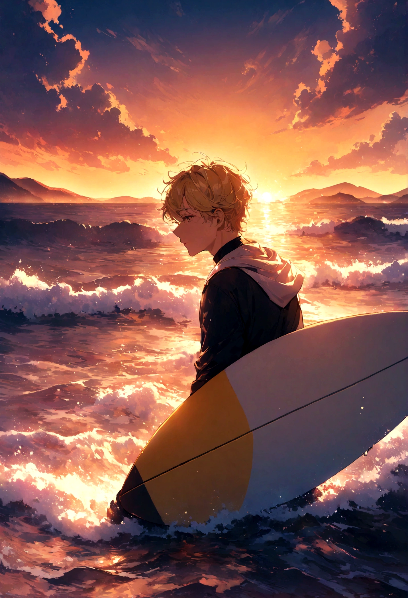 (A man,Medium build),(short,Blonde Hair),(Riding Wiglet:1.1,It's like a surfboard),(through the waves),(behind the sunset).,(best quality:1.2),(Extremely detailed),(Practical:1.37),(landscape),(Bright colors),(Warm and vibrant hues),(Soft, Golden Light),(Sparkling reflections on the water)