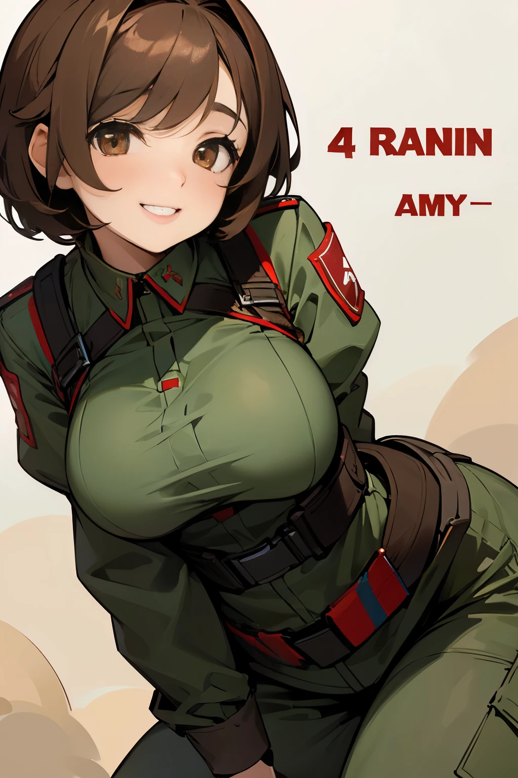 Girl, short brown hair, brown eyes, big breasts, Turkish girl, army clothes, crazy, smile