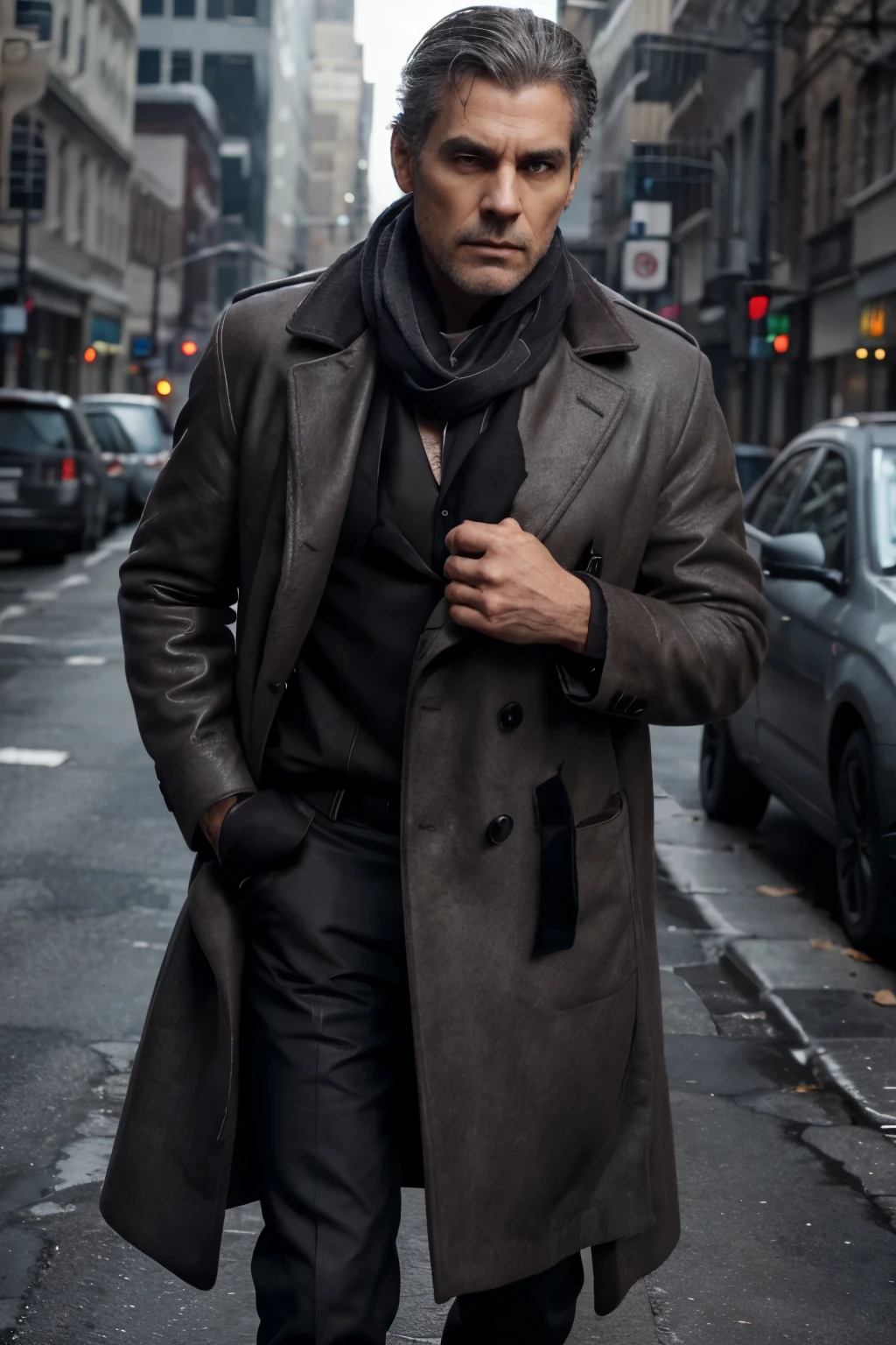 man, Slim but solid physique, dark brown and gray hair, Cool gray eye color, Scar from a deep wound on the right cheek, Amputated left middle finger, Sharp and gloomy eyes, keen impression, Black wool coat and leather boots . gray scarf, informant role.