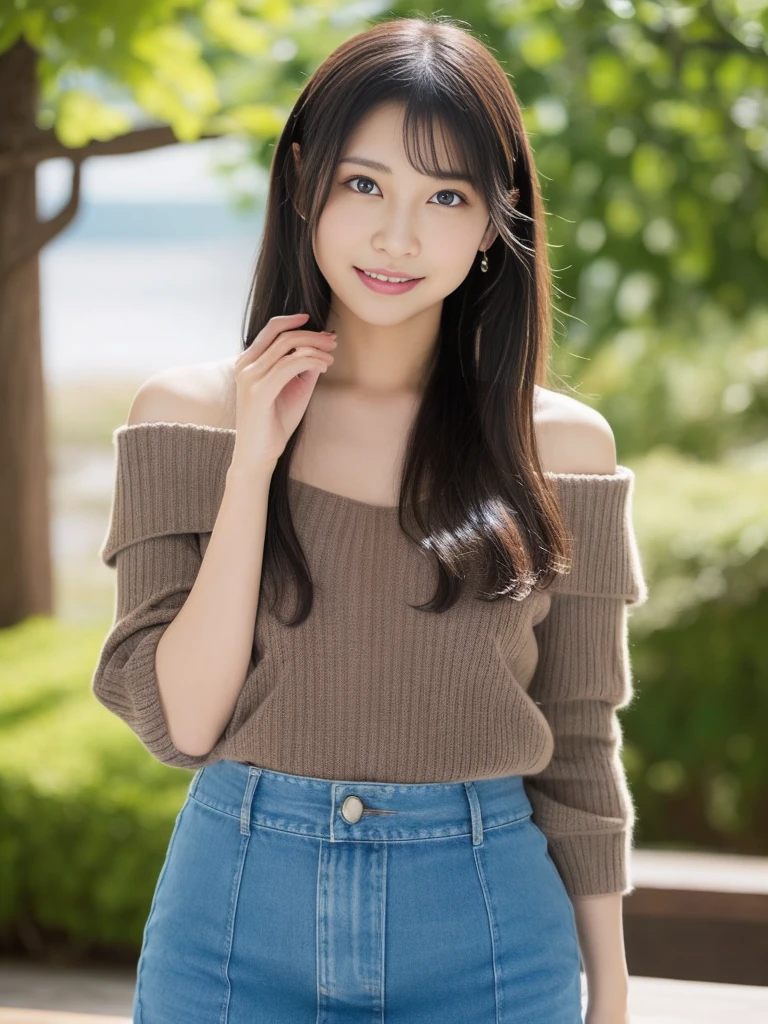 Tabletop, highest quality, Realistic, In detail, High resolution, 8k wallpaper,Perfect dynamic composition, Beautiful details, Medium Hair,Random sexy poses,Put your chest together、Off-the-shoulder knit、mini skirt)、、Beautiful breasts、Laughter、Open your mouth、Resort scenery、Beautiful Japanese Woman、Age 25、(Beautiful Eyes:1.4)、Adult Beauty、Realistic portraits、Beauty Painting、