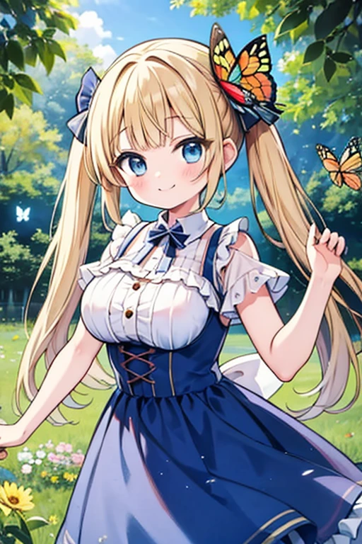 blonde blue eyes、ta、large breasts、twin tails、female brat,Have a bug trap,Beetle,insect collecting,Butterfly net,straw hat,have a bug net,happy smile,