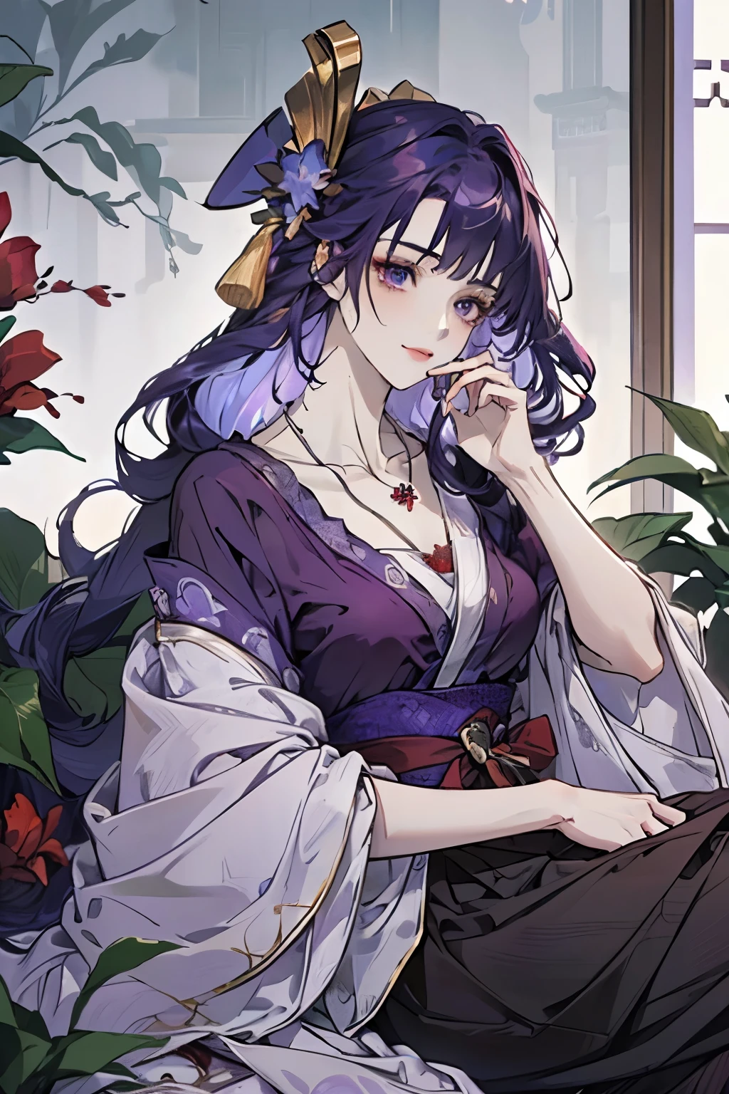 Best quality at best, Ultra-high resolution, (((1 girl))), (Long purple hair), (violet eyes), (Chinese clothes), (((Red Flowers necklace around her neck))), (Ultra Long Skirt), Smile, Hanfu, Yarn, Flowing light yarn, jewelry, (focal), (((Colorful))), particle fx , tmasterpiece, Best quality at best, beautiful painted, meticuloso, highly detailed, (tmasterpiece, Best quality at best) CG unified 8K wallpaper,((sitting in a Chinese mansion)) ,(( holding a cup in his hand and drinks)), tmasterpiece,Best quality,ultra - detailed), Super HD picture quality