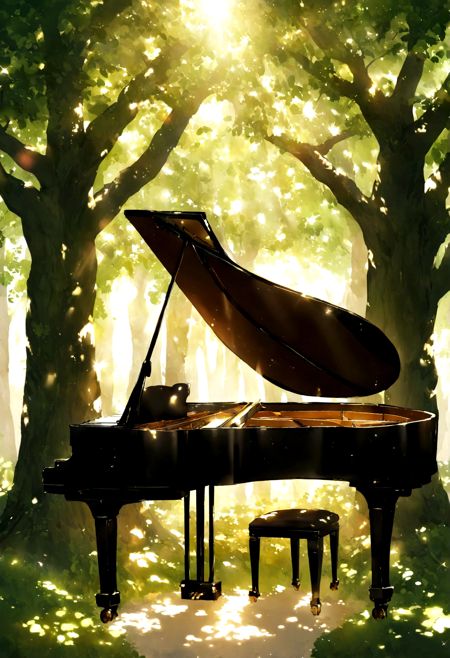 1A grand piano placed under a large book tree、The sunlight filtering through the trees makes it sparkle.