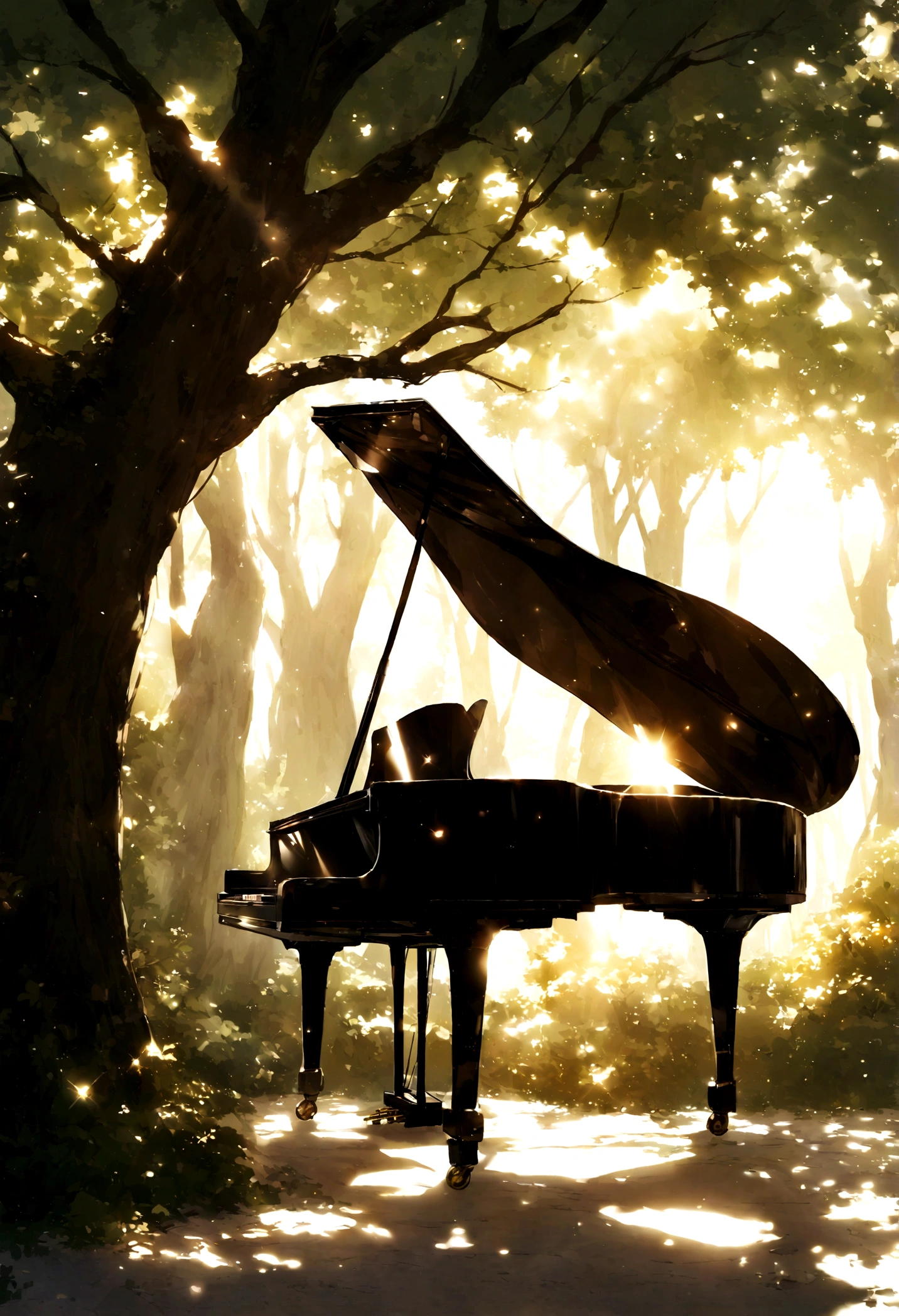 １A grand piano placed under a large book tree、The sunlight filtering through the trees makes it sparkle.