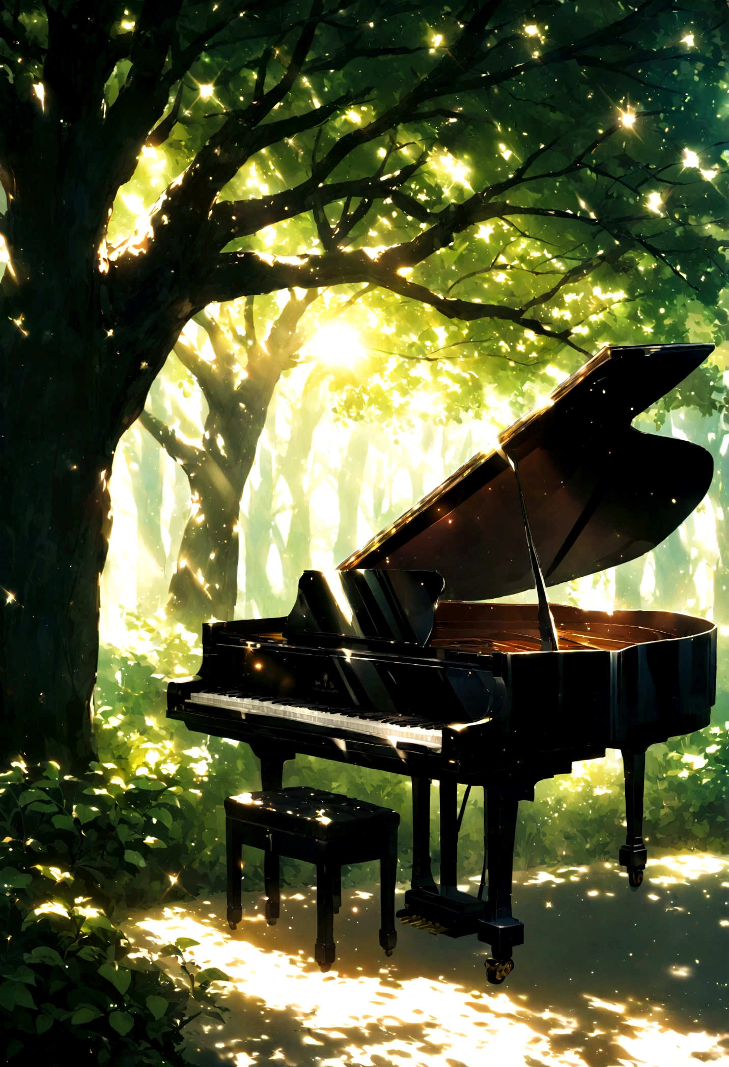 1A grand piano placed under a large book tree、The sunlight filtering through the trees makes it sparkle.