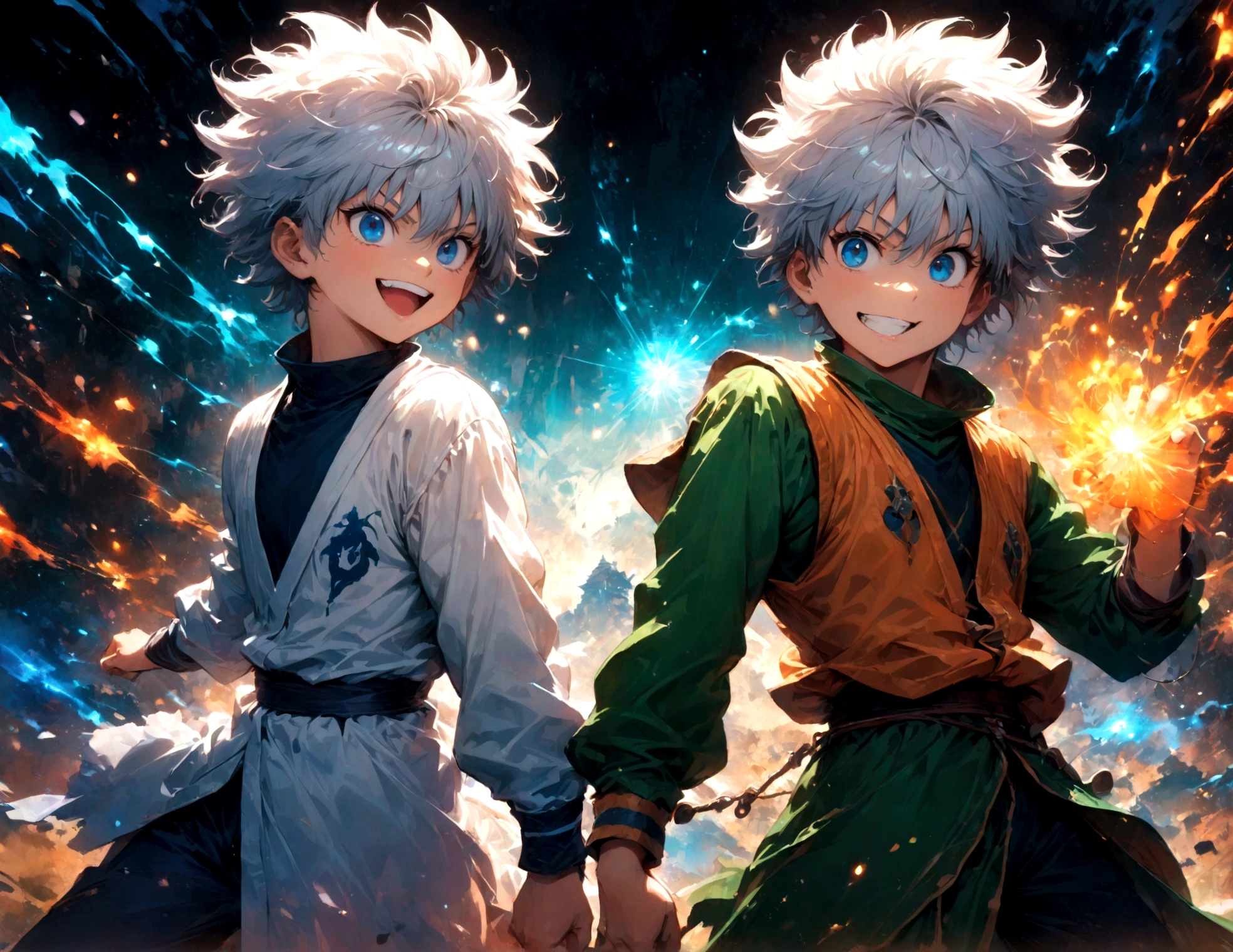 1 teenager,Killua,Hunter x Hunter,Killuaの衣装,Yo-yo,Sui Ishida's painting style,Intricate details,Use black and white as your main colors,Decadent,artwork,rendering,Dynamic Pose,(masterpiece:1.3),(highest quality:1.4),(ultra detailed:1.5),High resolution,extremely detailed,unity 8k wallpaper,Dark fantasy,Brush strokes,Glare,Battle Style,Crazy smile