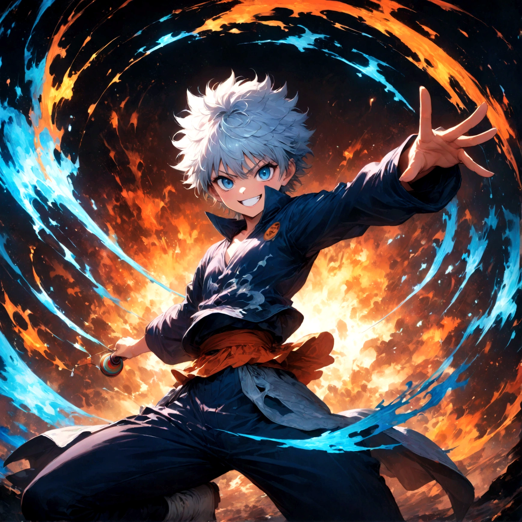 1 ager,Killua,Hunter x Hunter,Killuaの衣装,Yo-yo,Sui Ishida's painting style,Intricate details,Use black and white as your main colors,Decadent,artwork,rendering,Dynamic Pose,(masterpiece:1.3),(highest quality:1.4),(ultra detailed:1.5),High resolution,extremely detailed,unity 8k wallpaper,Dark fantasy,Brush strokes,Glare,Battle Style,Crazy smile