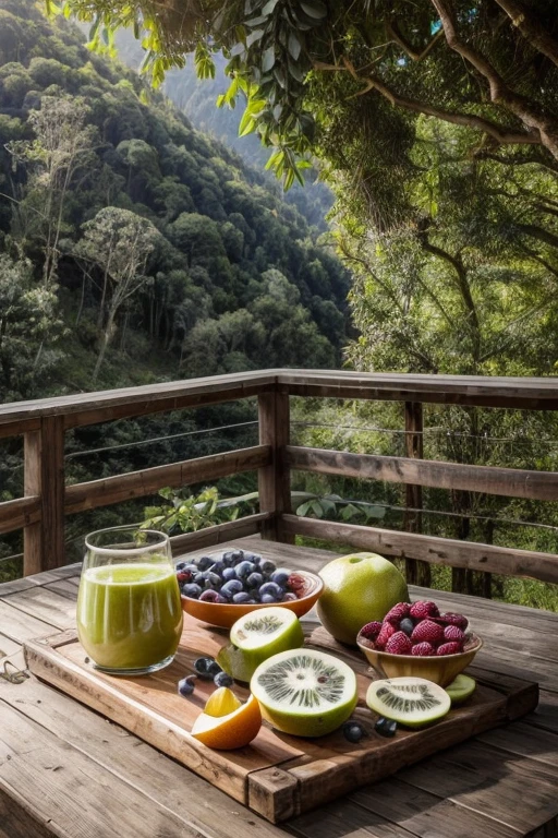 (Ultra-detailed, high-resolution: 1.3)
Scene of a serene, lush green mountain valley: 1.2
(Photoshoot featuring Juicyvalley's fruit juice products and eco-friendly packaging: 1.2)
Verdant landscape dotted with fresh, ripe fruits hanging from the trees: 1.4
Realistic textures and vibrant colors of the fruits and packaging in focus: 1.3
Rustic wood benches nestled among the greenery, inviting relaxation: 1.2
Clear, beautifully lit composition with a strong emphasis on the contrast between the fresh fruit products and the natural