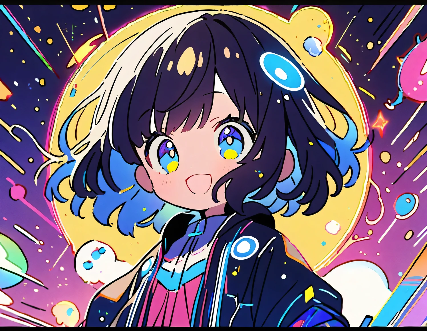 (2females:2.0),(2females\((chibi:1.5),human,small kid,very cute,kawaii,age of 10,cute hair,hair floating,hair color cosmic,big eyes,eye color cosmic,futuristic cute clothes,cute big smile,cute action pose\)), BREAK ,background\(cute,Illuminated electric circuits,electric server room\), BREAK ,quality\(8k,wallpaper of extremely detailed CG unit, ​masterpiece,hight resolution,top-quality,top-quality real texture skin,hyper realisitic,increase the resolution,RAW photos,best qualtiy,highly detailed,the wallpaper,cinematic lighting,ray trace,golden ratio\),cute angle