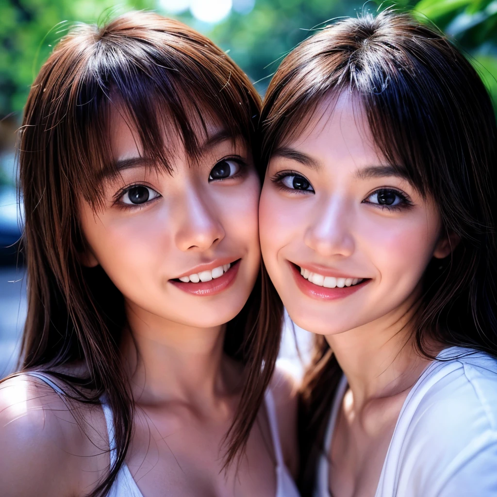 Two women of the same person、Exactly the same face、Exactly the same body type、Exactly the same hairstyle、Instagram model from another dimension, by 2 person, Imaginative, Metaphysical, Whimsical, Anaglyph Style, 1 Japan, Cute Face, 18-year-old,