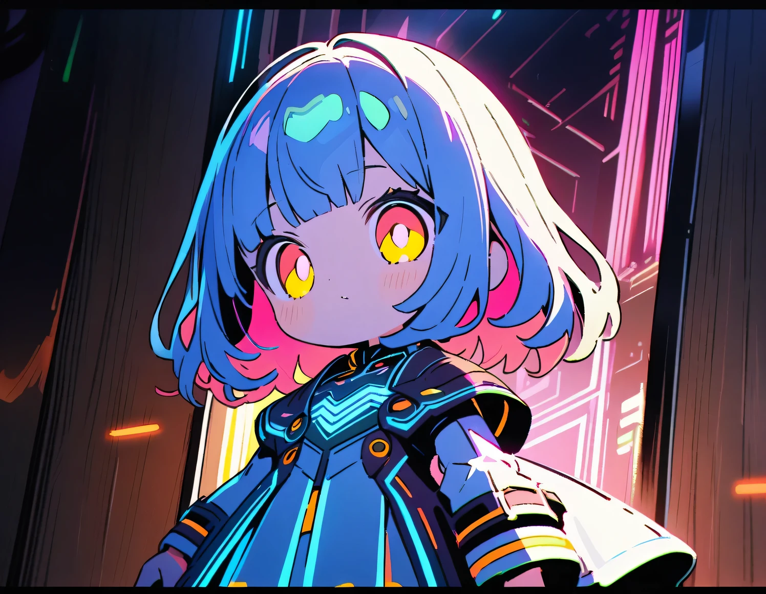 (2females\((chibi:1.5),human,,very cute,kawaii,age of 10r,hair floating,hair color cosmic,big eyes,eye color cosmic,futuristic cute clothes,cute big smile,cute action pose\)), BREAK ,background\(cute,Illuminated electric circuits,electric server room\), BREAK ,quality\(8k,wallpaper of extremely detailed CG unit, masterpiece,hight resolution,top-quality,top-quality real texture skin,hyper realisitic,increase the resolution,RAW photos,best qualtiy,highly detailed,the wallpaper,cinematic lighting,ray trace,golden ratio\),cute angle