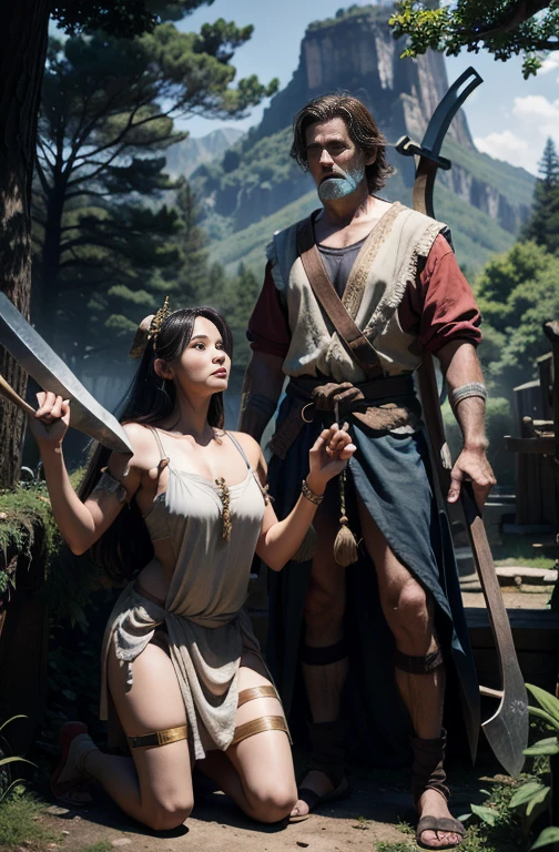 The axe and the goddess who threw herself into the woodcutter's spring and was resurrected as a beautiful woman, naked, Full Body Shot