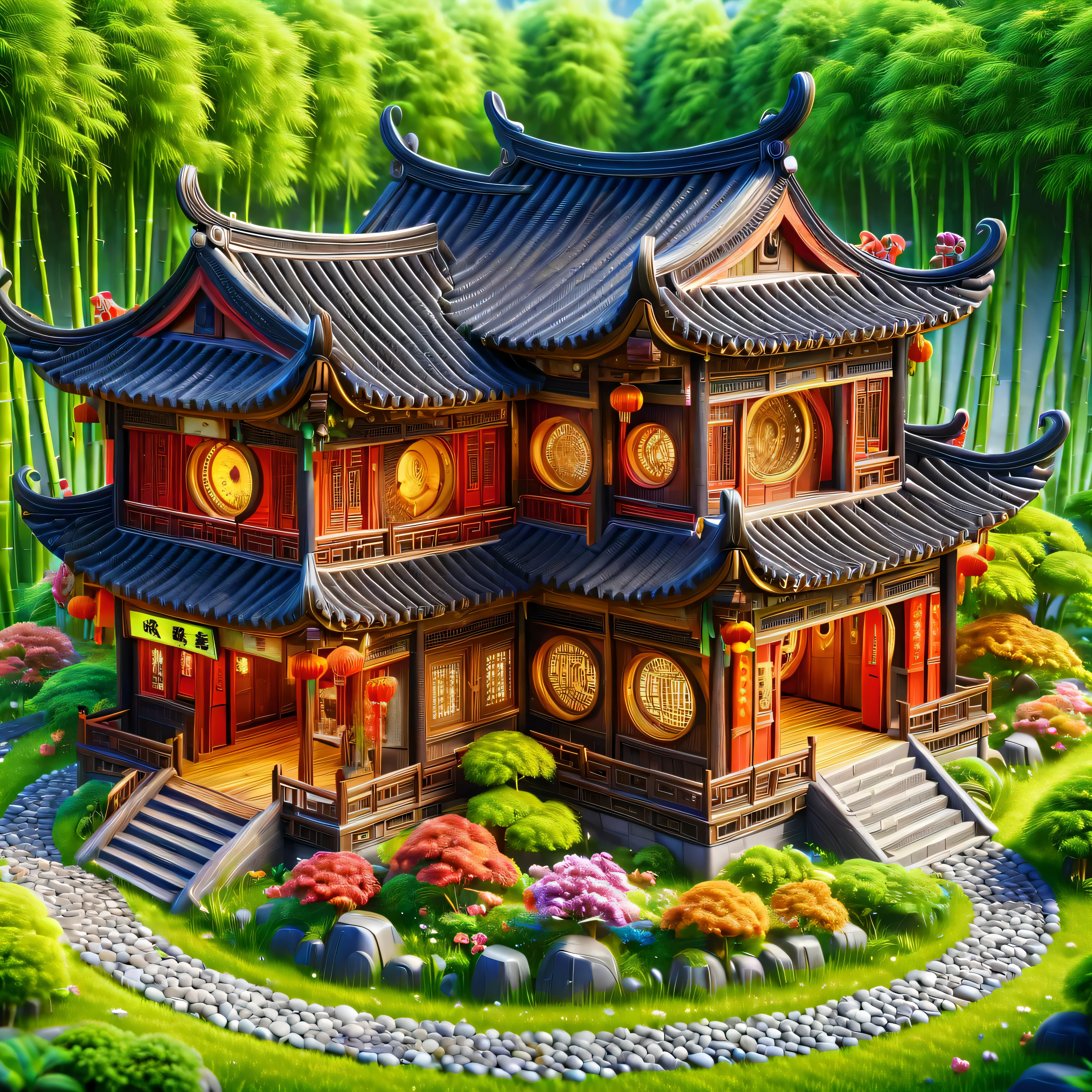 (masterpiece, best quality:1.2), ancient chinese house,bright colors,traditional building,bamboo forest,Black tile roof,Flower path,3d,Aerial view,cowboy,pedestrian,swallow