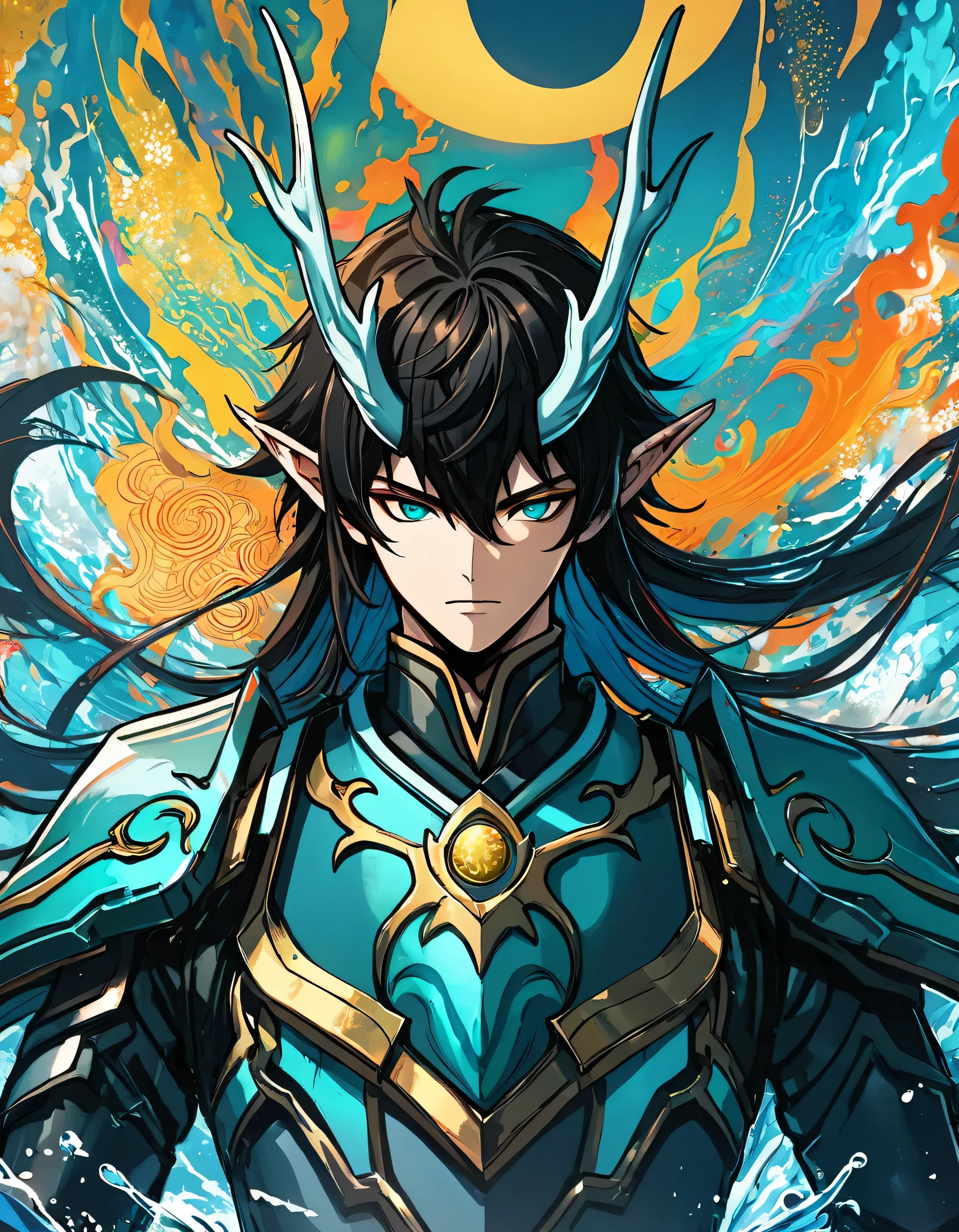 (DAN HENG IMBIBITOR LUNAE), 1man, (detailed eyes and detailed face) masterpiece side light, masterpiece, best quality, detailed, high resolution illustration), mecha armor, long dark vibrant hair, upper body, cool, water element, modern drawing, vibrant color, HDR, shadow, sharp drawing