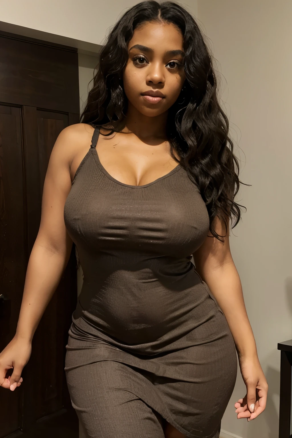 Black girl , wavy hair , big eyes , brown eyes , thick body, sexy body ,real , human ,wearing a casual dress