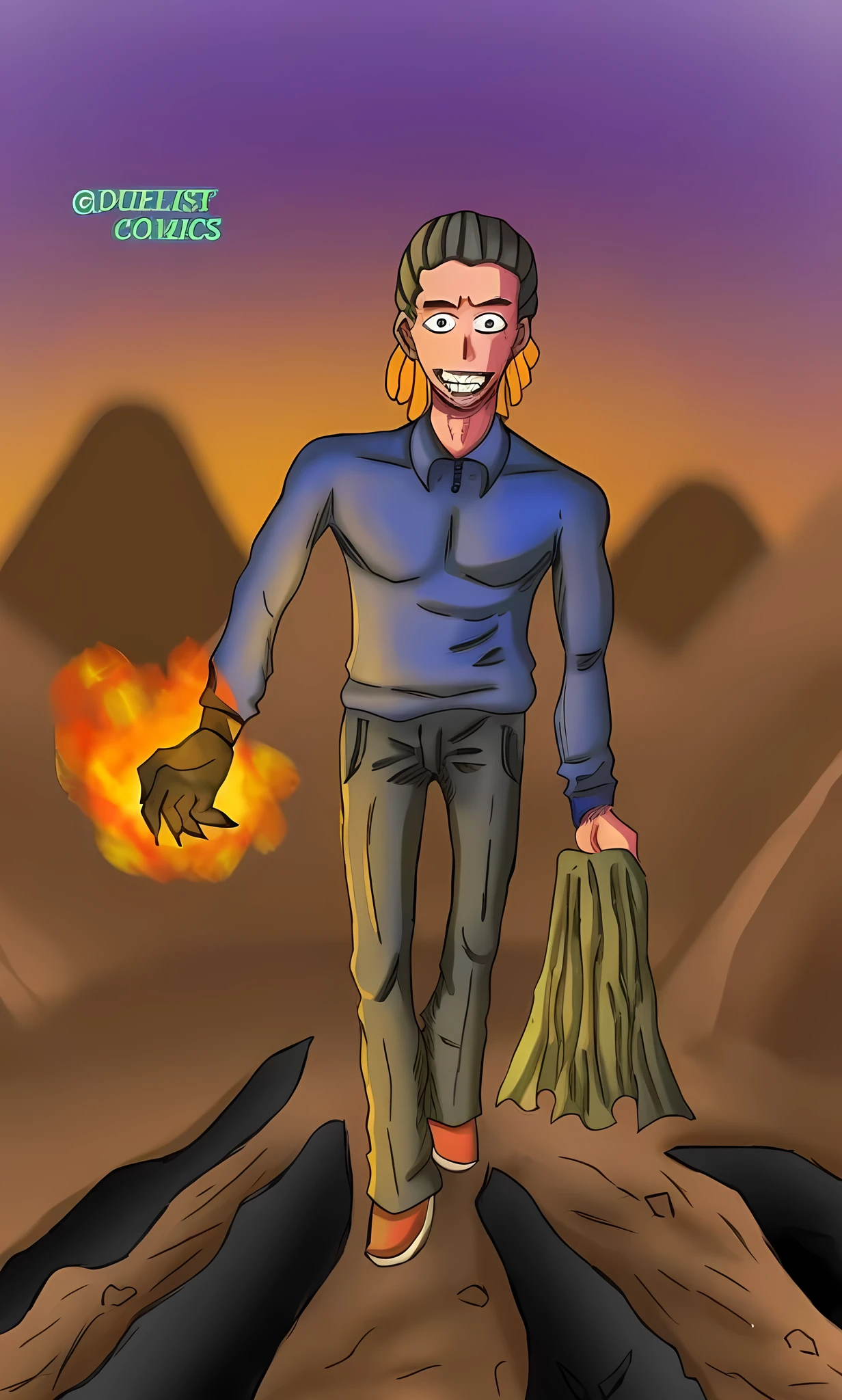 cartoon of a man walking on a rocky path with a burning hand, a character based on a haggis, as a dnd character, holding a poisonous axe, holding a burning wood piece, inspired by Clark Voorhees, as a d & d character, official fanart, wearing cave man clothes, casting a fire spell, inspired by Jack Gaughan, digitally colored
