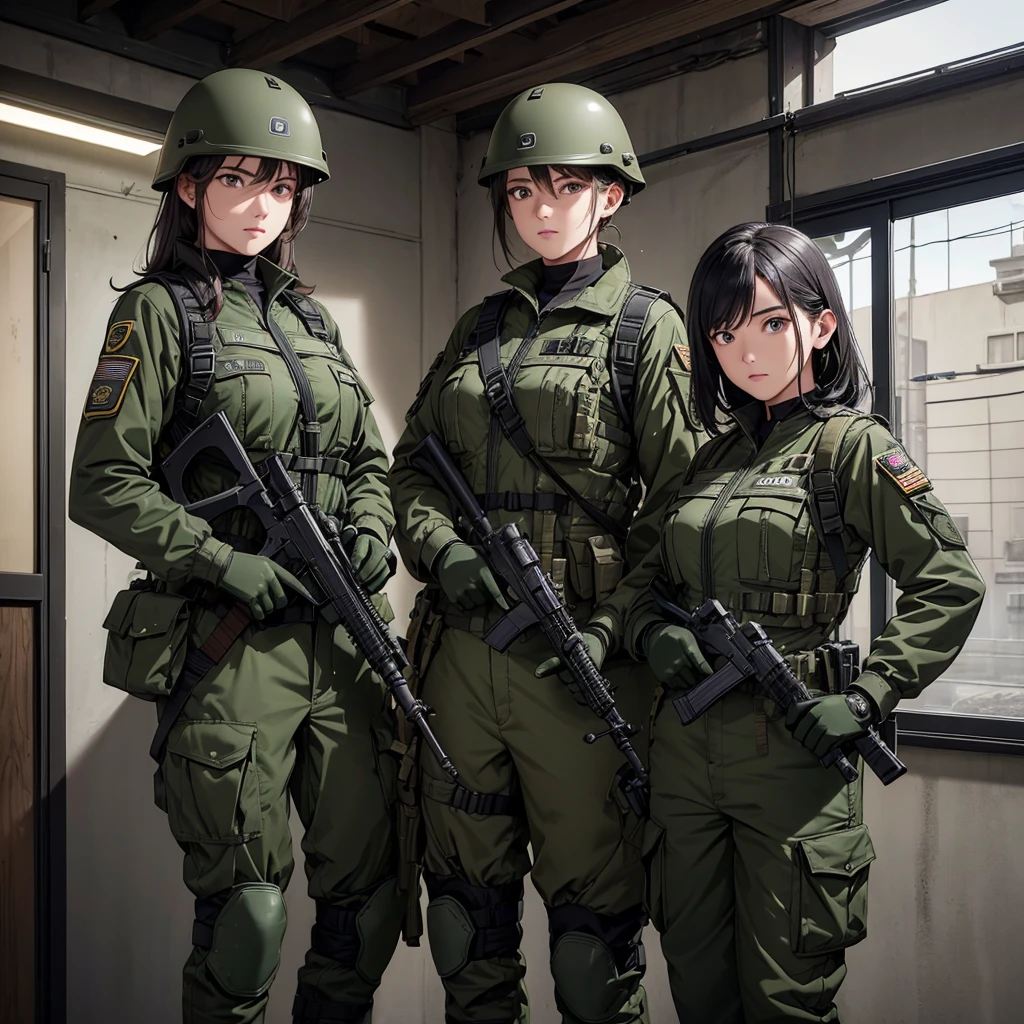Three female soldiers wearing special forces helmets standing guard、Dark green M51 military uniform、military trousers、Magazine Pouch、Tactical harness、Military rifle in hand、Standing side by side、Knee pads、Show only the upper thigh area、Barbed wire doors、Write details、masterpiece、best quality、Highly detailed CG、8K picture quality、theater lighting、lens flare