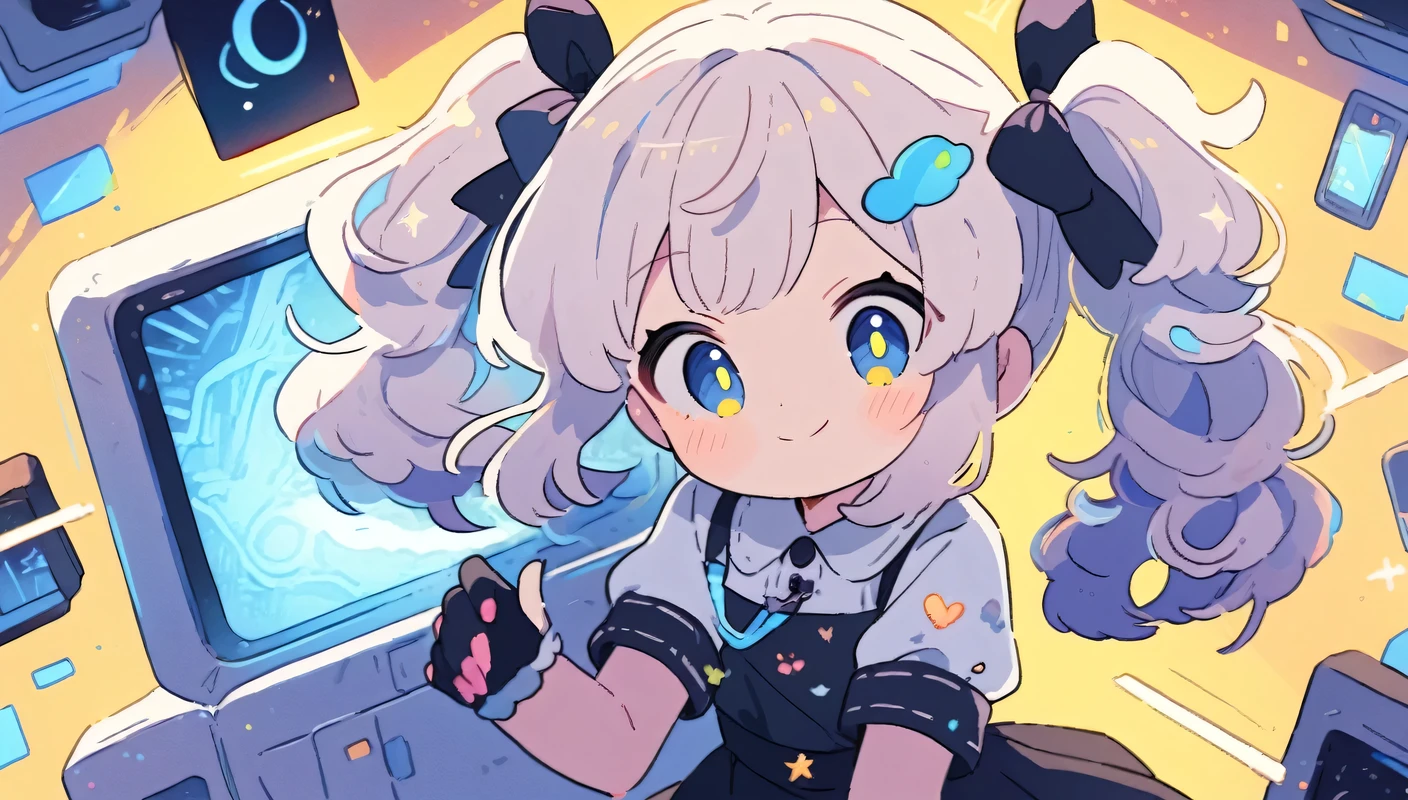 (2females:2.0),2females\((chibi),small kid,cute,kawaii,age of 10,2pigtails hair,curly hair,hair color cosmic,big eyes,eye color cosmic,white skin,cute dress,smile,cute pose,cowboy shot\), BREAK ,,background\(cute,Illuminated electric circuits,electric server room\), BREAK ,quality\(8k,wallpaper of extremely detailed CG unit, masterpiece,hight resolution,top-quality,top-quality real texture skin,hyper realisitic,increase the resolution,RAW photos,best qualtiy,highly detailed,the wallpaper,cinematic lighting,ray trace,golden ratio\),cute angle,close up female,(symmetry:0.3)