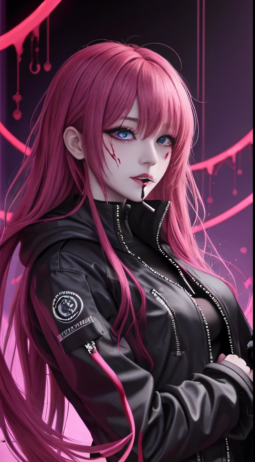 cyber punk_(series) cyber punk_Edgerunners Rebecca_(cyber punk) High resolution spoiler 1girl artificial_黒いeye_Jacket Blood Blood_from_eye blood_from_mouth colored_Sclera Color_skin corpse death flower flower_that's all_eyeが緑_hair ((teacher)) jacket mechanical_eye 首_Tattoo Open_Clothes open_jacket petals pink_Tattoo Red_eye red_Scleral Signature Solo Stomach_Tattoo Symbols_in_eye tattoo twintails twitter_Username White_skin yellow_eye