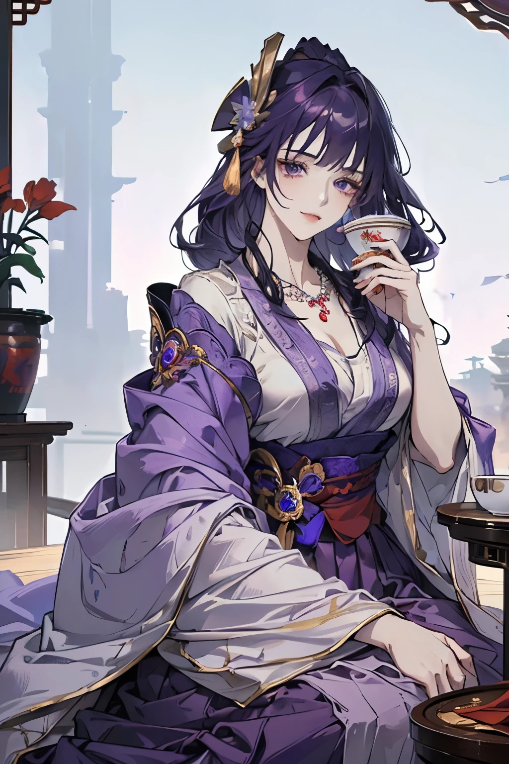 Best quality at best, Ultra-high resolution, (((1 girl))), (Long purple hair), (violet eyes), (Chinese clothes), (((Red Flowers necklace around her neck))), (Ultra Long Skirt), Happy smile, Hanfu, Yarn, Flowing light yarn, jewelry, (focal), (((Colorful))), particle fx , tmasterpiece, Best quality at best, beautiful painted, meticuloso, highly detailed, (tmasterpiece, Best quality at best） CG unified 8K wallpaper，((sitting in a Chinese mansion)) ,(( holding a cup in his hand and drinks)), tmasterpiece，Best quality，ultra - detailed）, Super HD picture quality
