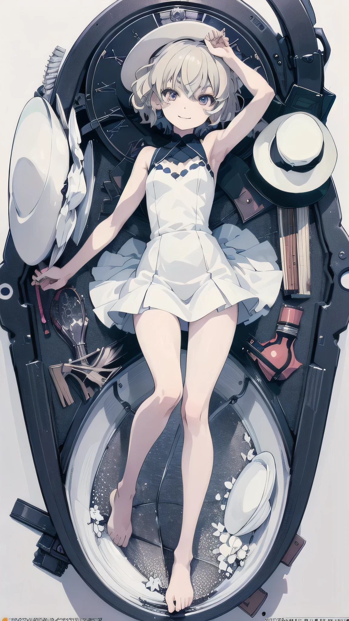 One girl, Straight, Upper Body, alone, short hair, White Hat, smile, White Dress, (iwanagakotoko:0.9), (Iwanaga Dress:1),  outdoor, ,
break masterpiece ,8k unity wallpaper,anime key visual,highest quality, High resolution,  (shape:0.8),anime coloring,highly detailed face, detailed eyes,growing eyes,shiny skin,fine skin,white skin,dense skin,detailed hair,highly detailed legs,perfect lighting, Detailed CG, (perfect hands, perfect anatomy),High resolution,(Detailed wear ),slender limbs, delicate curves, dainty hands,figure:0.8,