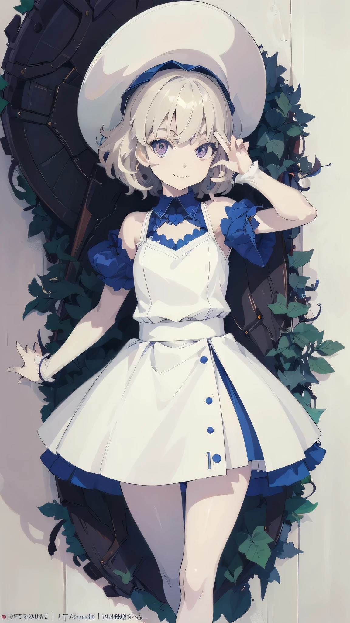 One girl, Straight, Upper Body, alone, short hair, White Hat, smile, White Dress, (iwanagakotoko:0.9), (Iwanaga Dress:1),  outdoor, ,
break masterpiece ,8k unity wallpaper,anime key visual,highest quality, High resolution,  (shape:0.8),anime coloring,highly detailed face, detailed eyes,growing eyes,shiny skin,fine skin,white skin,dense skin,detailed hair,highly detailed legs,perfect lighting, Detailed CG, (perfect hands, perfect anatomy),High resolution,(Detailed wear ),slender limbs, delicate curves, dainty hands,figure:0.8,
