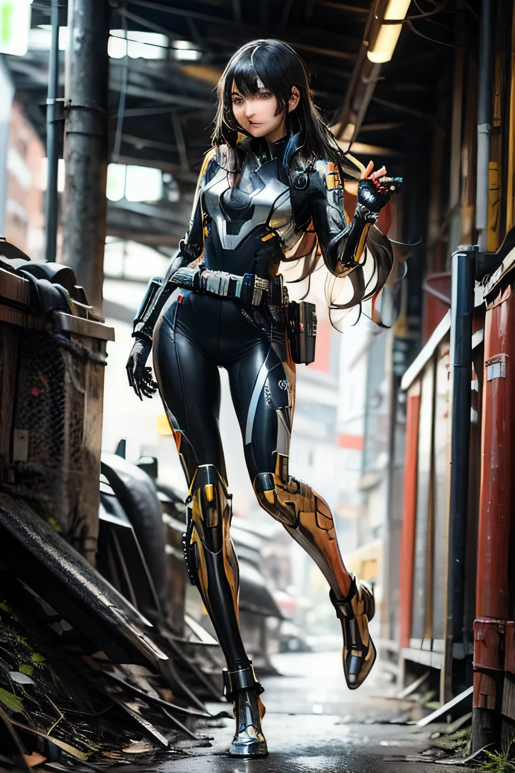 scifi cyberpunk, girl heroes, super heroes, bodysuit, long hair, black hair, black & white costume, thunder Logo, Belt, fullbody