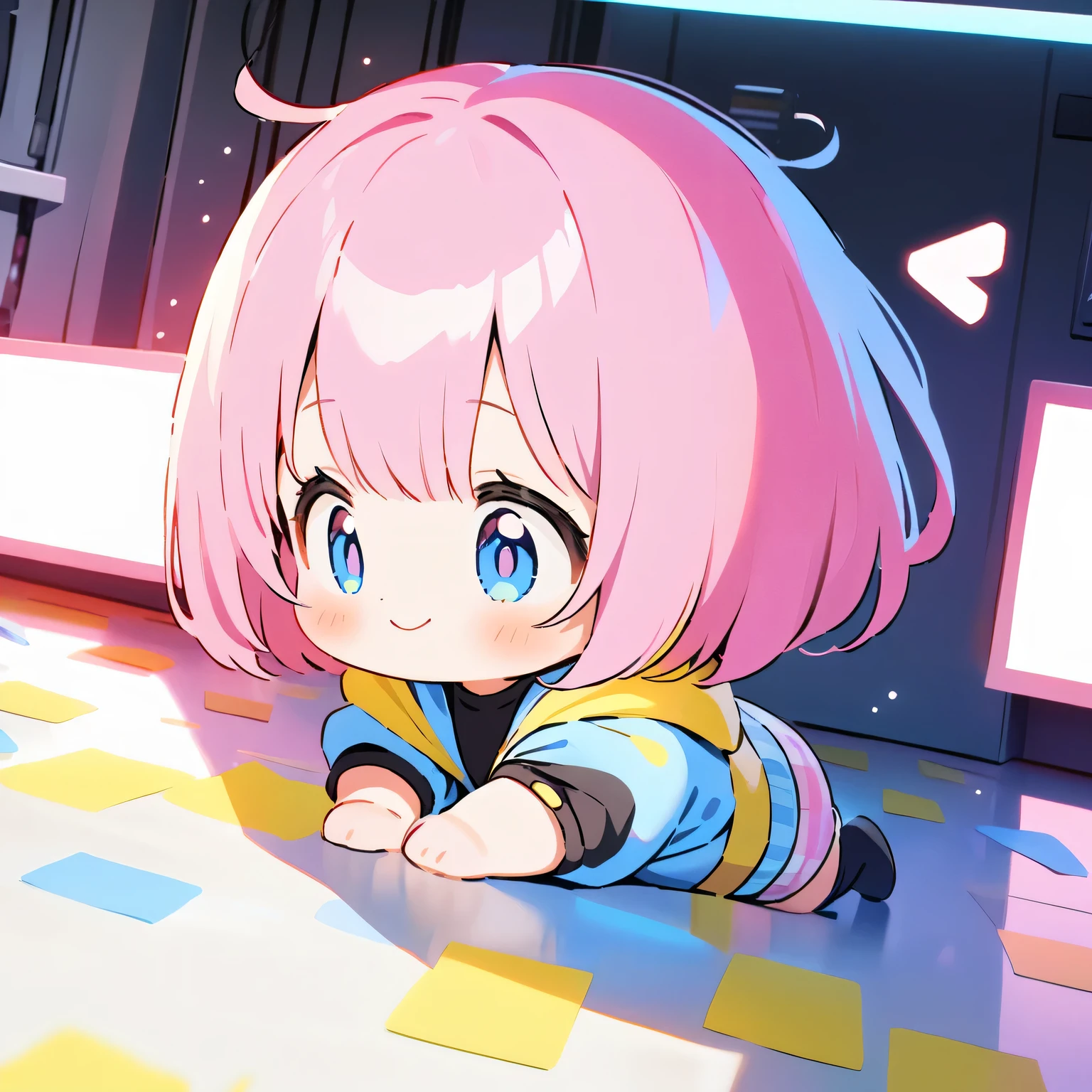 (2females\((chibi:1.5),human,small kid,very cute,kawaii,age of 10,cute hair,hair floating,hair color cosmic,big eyes,eye color cosmic,futuristic cute clothes,cute big smile,cute action pose\)"1.5), BREAK ,background\(cute,Illuminated electric circuits,electric server room\), BREAK ,quality\(8k,wallpaper of extremely detailed CG unit, ​masterpiece,hight resolution,top-quality,top-quality real texture skin,hyper realisitic,increase the resolution,RAW photos,best qualtiy,highly detailed,the wallpaper,cinematic lighting,ray trace,golden ratio\),cute angle