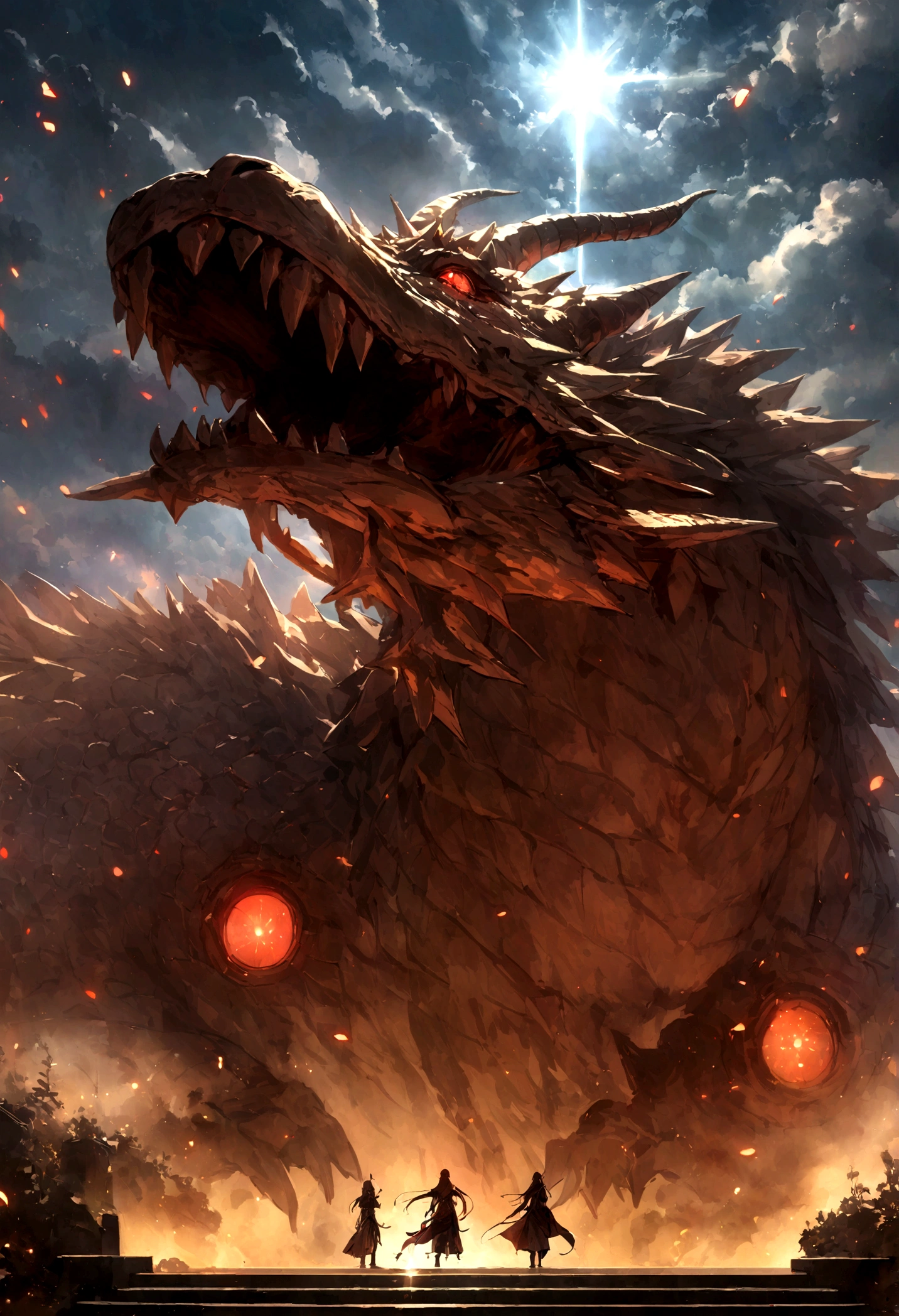 BJ_Sacred_bEast,red_eye,Outdoor,horn,null,cloud,no_human,bird,cloudy_null,scenery,stage,Fantasy,Dragon,architecture,East_Asian_architecture,Eastern_Dragon,Cinema Lighting,Strong contrast,High level of detail,highest quality,masterpiece(ホワイトDragon:1.5)