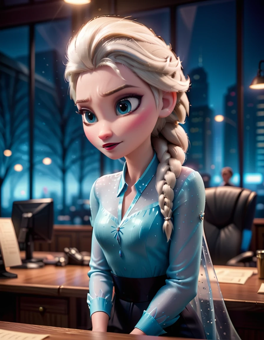 cinematic film still elsa, office lady. shallow depth of field, vignette, highly detailed, high budget, bokeh, cinemascope, moody, epic, gorgeous, film grain, grainy