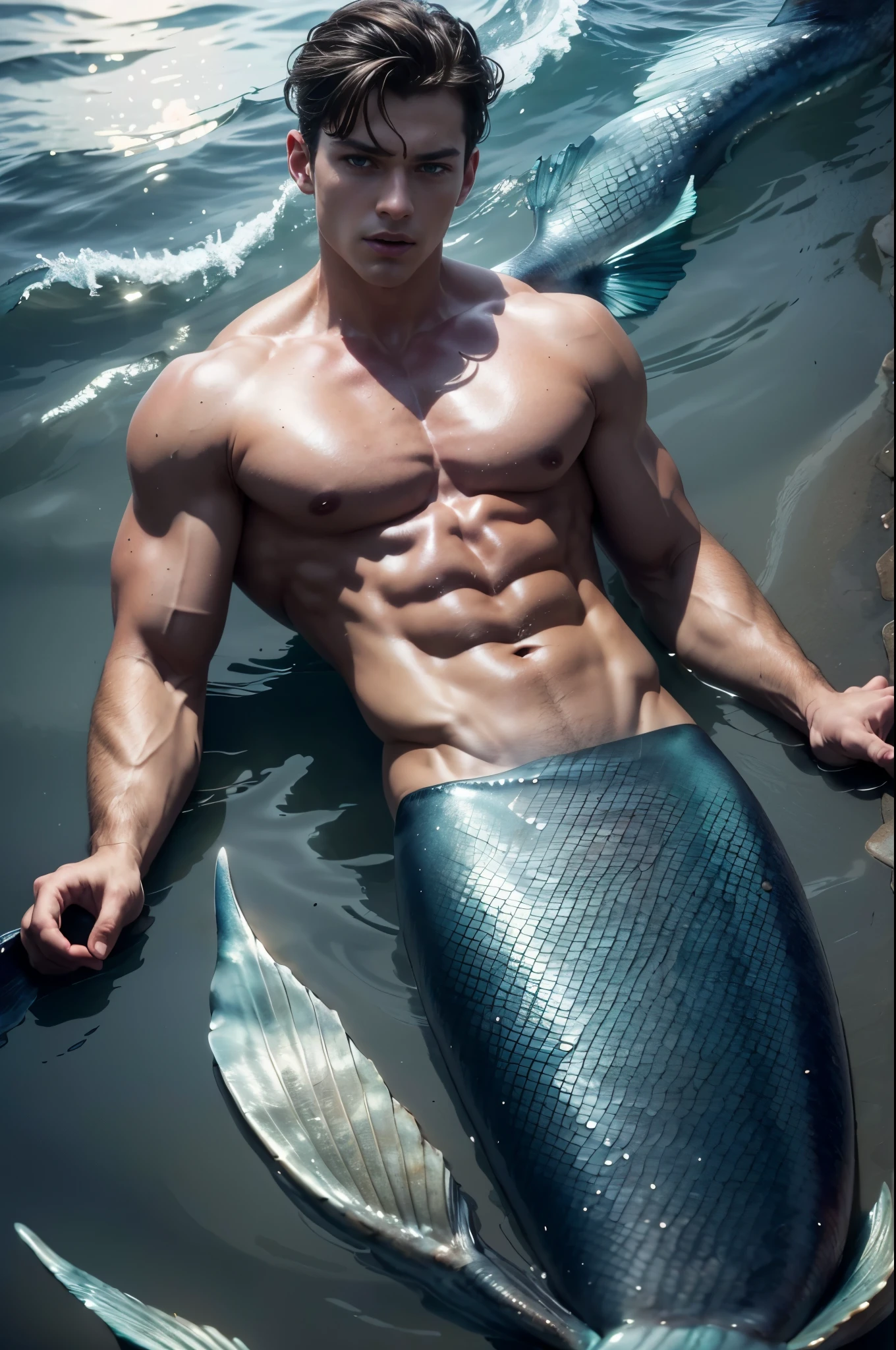 Photo-realistic, ((best quality)), ((masterpiece)), (detailed), perfect human face, short hair, handsome young male model dressed as a mermaid, 18-year-old, super male model, handsome, amazing mermaid tail, tall, cute, evil looking, dark look powerful, young male model, handsome, super strong, muscular, fit, massive muscles, six pack, clean shave, blue eyes, pale skin, (wavy short messy brown hair:1.2), short messy hair, messy wavy hair, (mermaid:1.3), (mermanl:1.3), shirtless, bare-chested, muscle, ripped, strong body, fit body, under the water, night ocean fog, (haunted ocean:1.4), horror sea, evil sea background, dark waters, 8k, high detailed, ultra-detailed, Stylish Pose, real skin texture, dramatic cinematic lighting, (HORROR:1.5), night, night time, dark, full moon