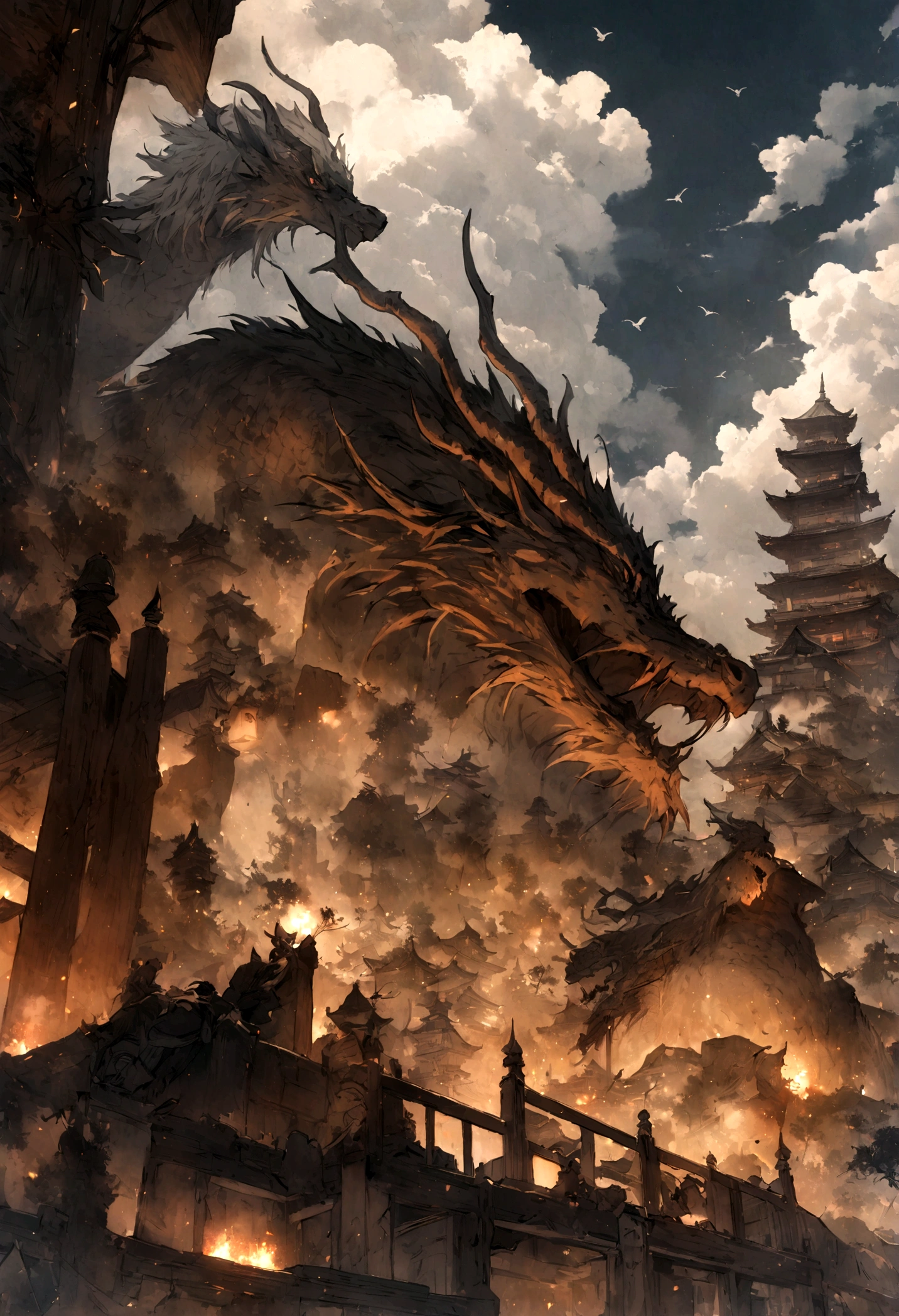 (albino),(少女とホワイトDragon:1.5),[BJ_Sac White_bEast,Chibaime,Outdoor,horn,null,cloud,no_human,bird,cloudy_null,scenery,stage,Fantasy,Dragon,architecture,East_Asian_architecture,Eastern_Dragon,Cinema Lighting,Strong contrast,High level of detail,highest quality,masterpiece(ホワイトDragon:1.5)