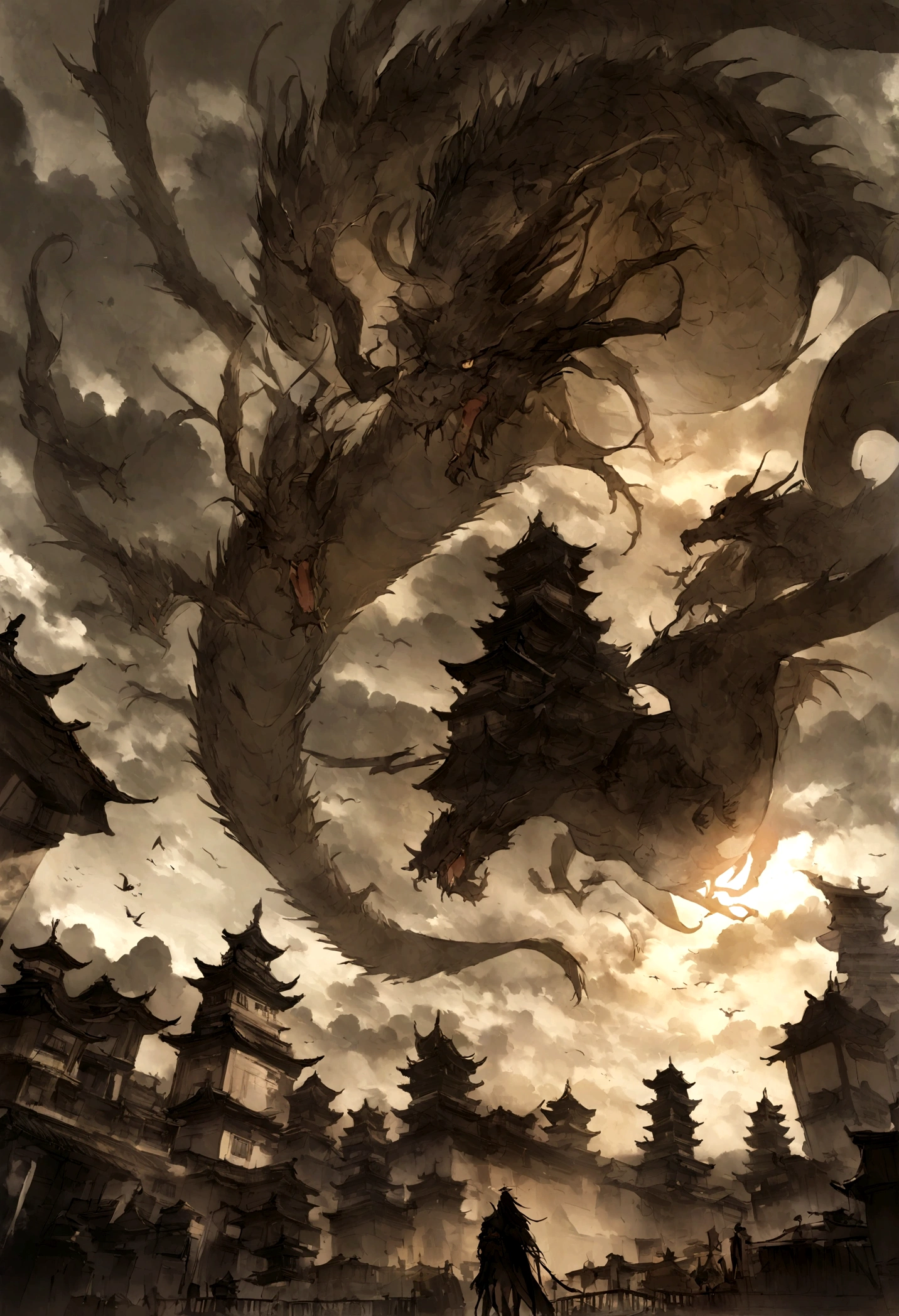 (albino),(少女とホワイトDragon:1.5),[BJ_Sac White_bEast,Chibaime,Outdoor,horn,null,cloud,no_human,bird,cloudy_null,scenery,stage,Fantasy,Dragon,architecture,East_Asian_architecture,Eastern_Dragon,Cinema Lighting,Strong contrast,High level of detail,highest quality,masterpiece(ホワイトDragon:1.5)