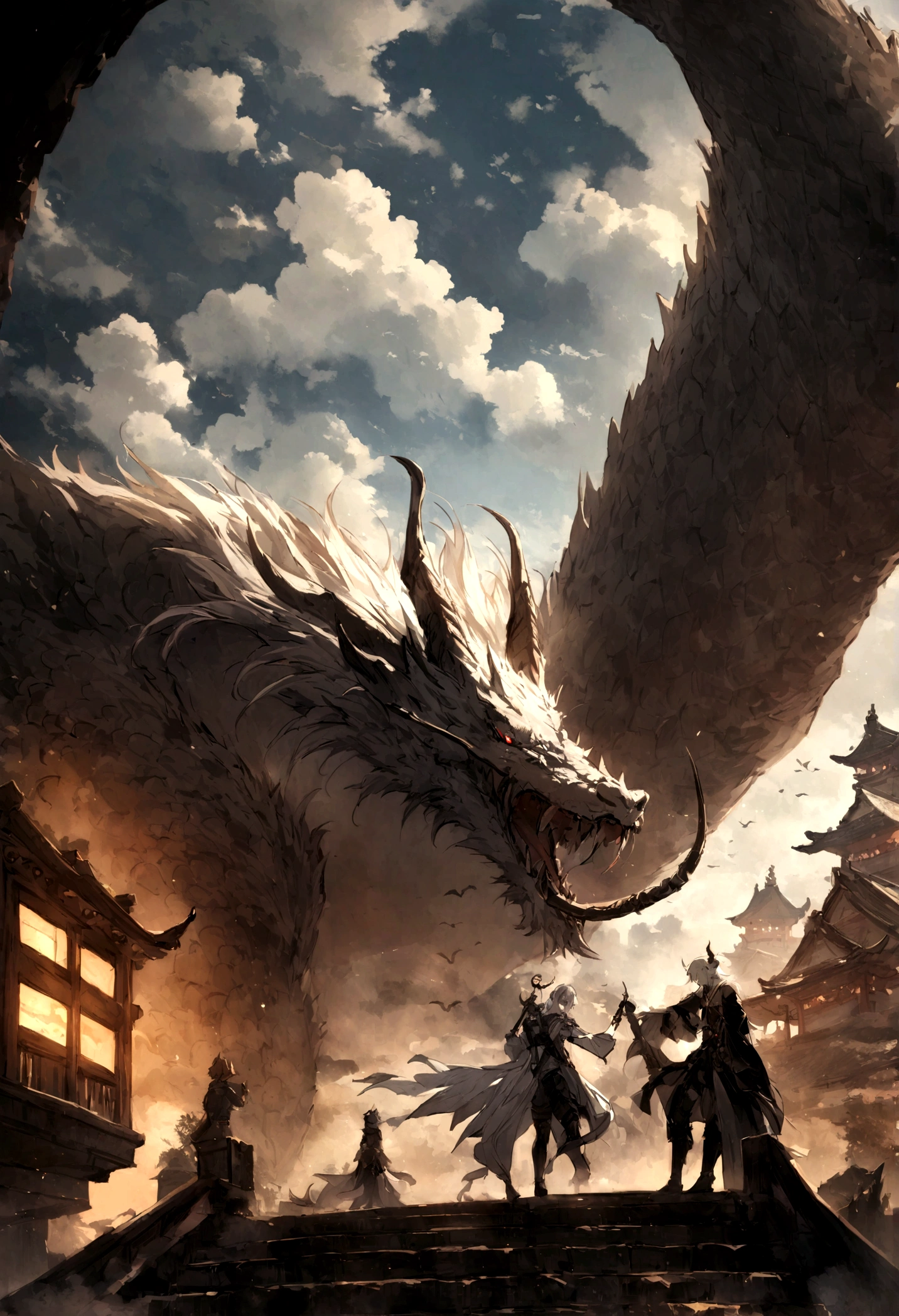 (albino),(少女とホワイトDragon:1.5),[BJ_Sac White_bEast,Chibaime,Outdoor,horn,null,cloud,no_human,bird,cloudy_null,scenery,stage,Fantasy,Dragon,architecture,East_Asian_architecture,Eastern_Dragon,Cinema Lighting,Strong contrast,High level of detail,highest quality,masterpiece(ホワイトDragon:1.5)